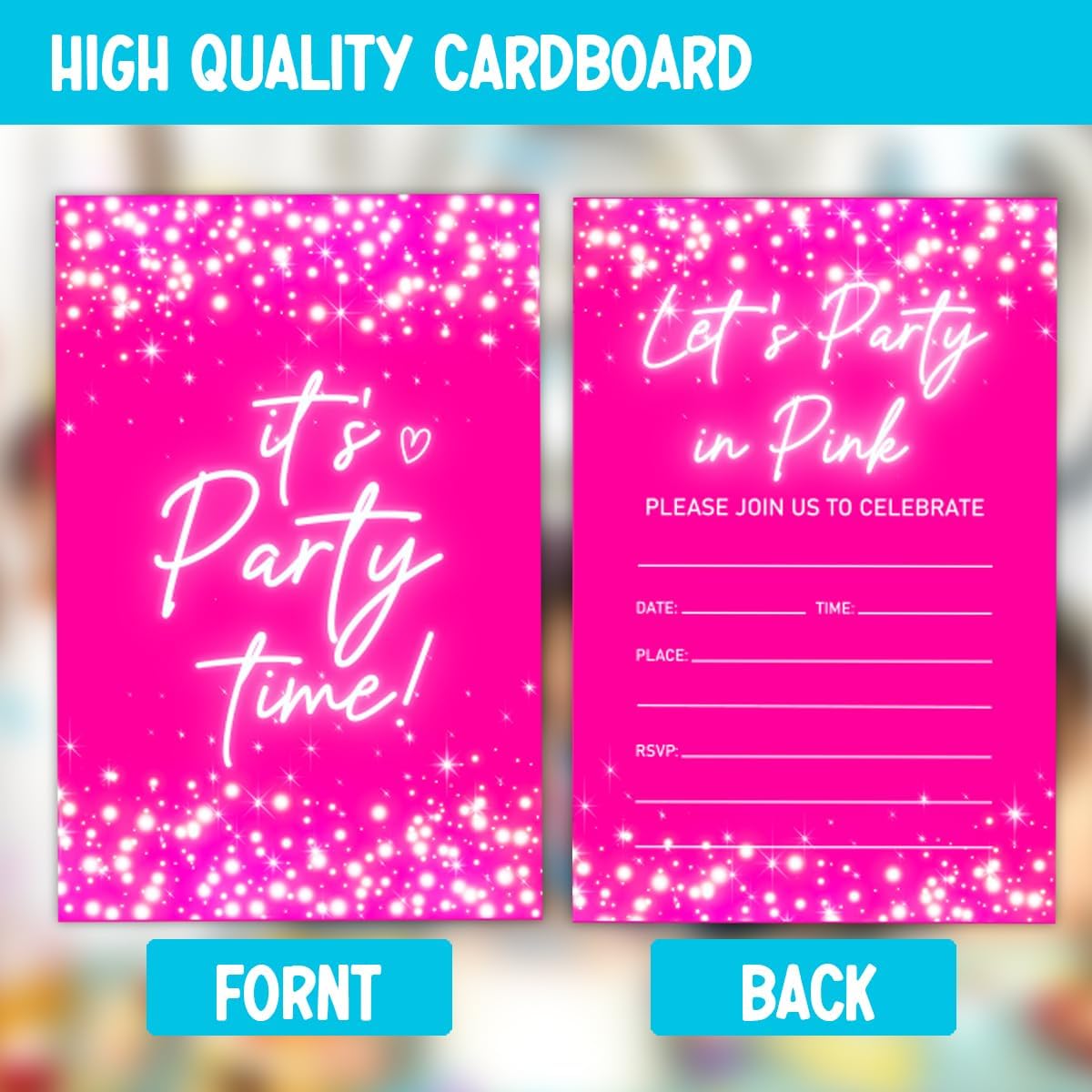 Glitter Pink Birthday Party Invitations, Party in Pink Invitations Card for Boys Girls (30 Cards & 30 Envelopes)