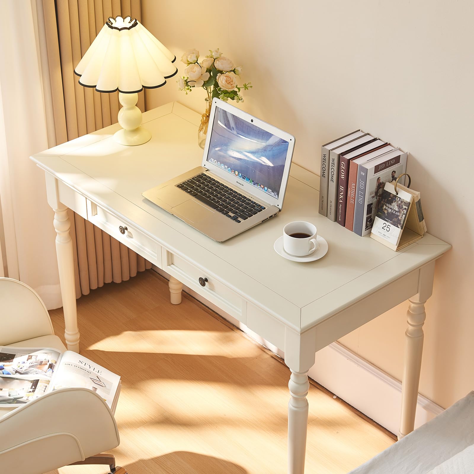 Bedroom simple Dressing Table, Home Office Computer Desk with 2 Storage Drawers, French Country Table, 47"W French Provincial Corner Desk Table with