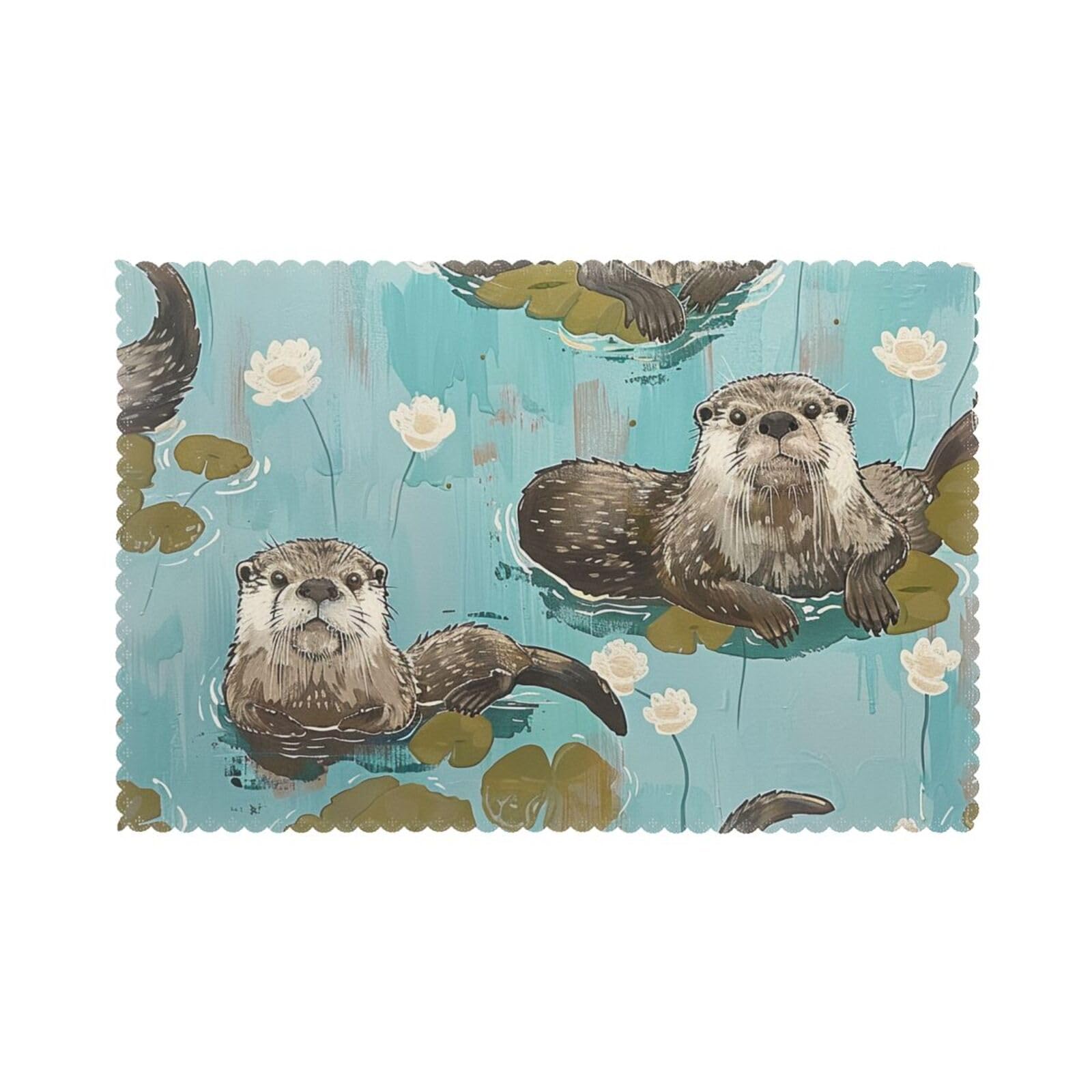 Otters Printed Placemat Heat Resistant Place Mats Set of 6 PCS Washable Kitchen Table Mats, 12x18 Inch