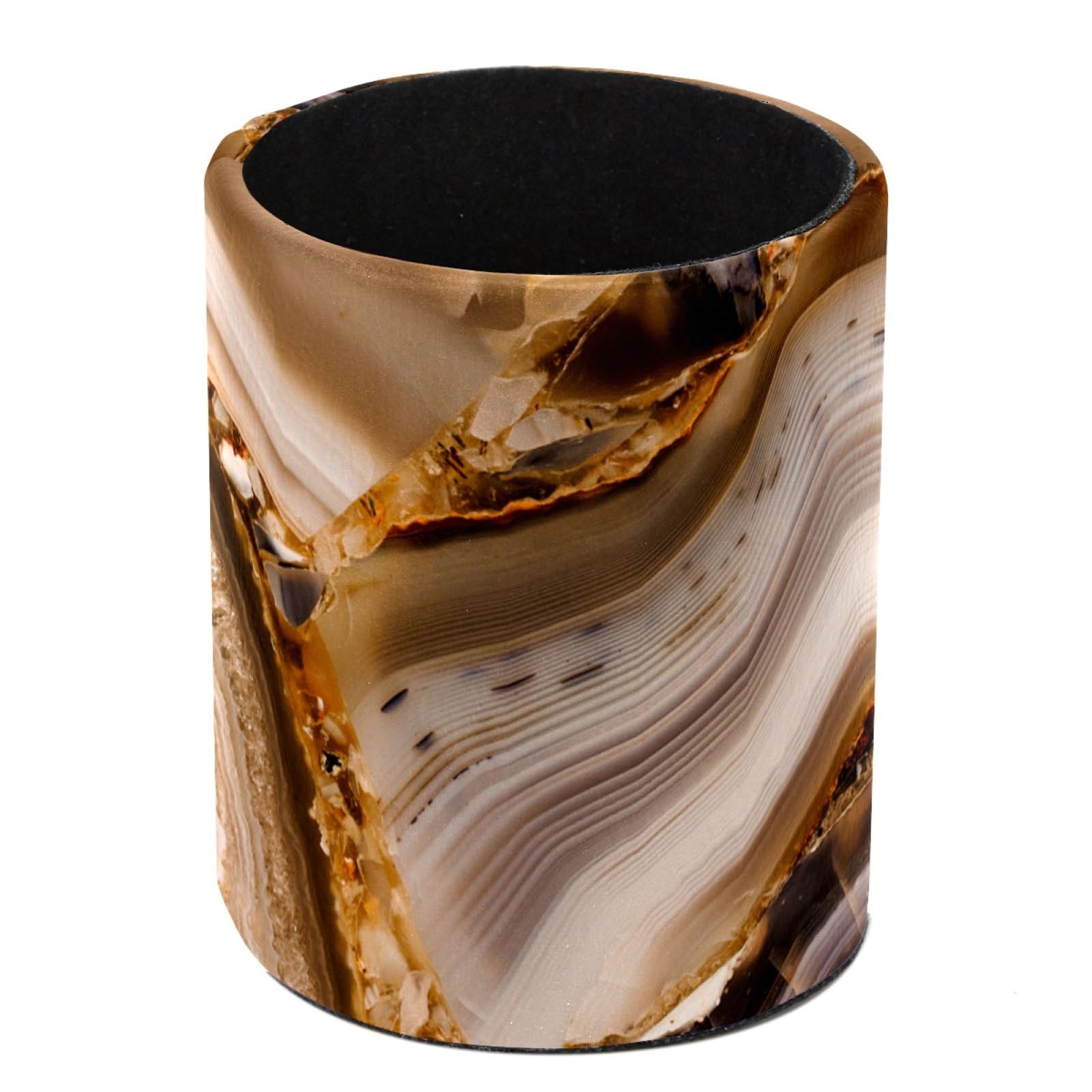 Luoweisi Golden Brown Agate Pen Holder for Desk, Leather Pen Pot, Desk Pencil Holder Round Makeup Organiser Home Office School Suppliers — image 1