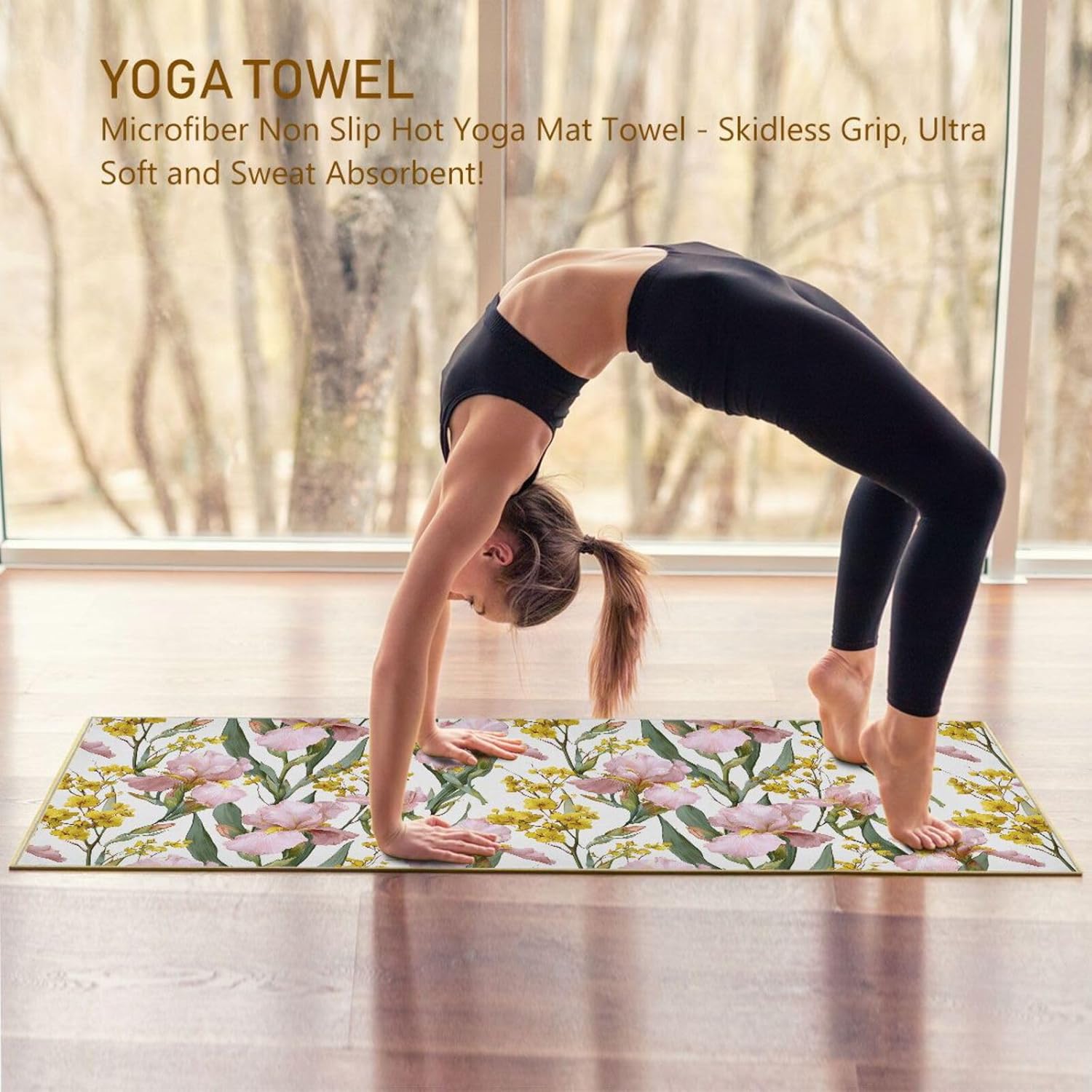 Florals Yellow Hot Yoga Towel – Stylish, Non-Slip, Grip Dots, Super Absorbent, 27" x 73" - Yoga Mat Towels for Exercise, Fitness