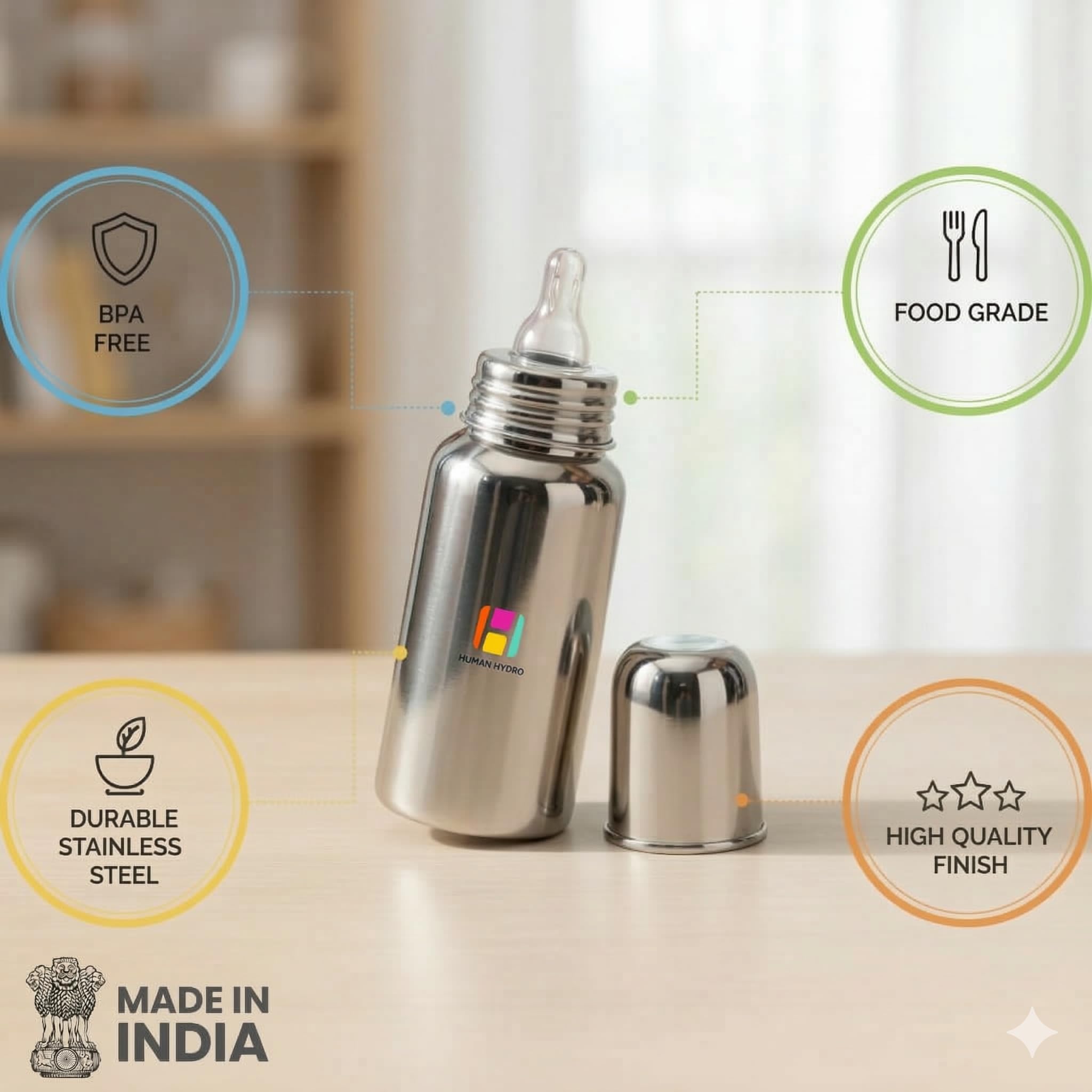 Human Hydro 250ml Stainless Steel Baby Feeding Bottle | Anti-Colic, BPA-Free, Leak-Proof | Food Grade 304 Steel | Wide Neck Milk Bottle for Newborns & Infants | Made in India 1