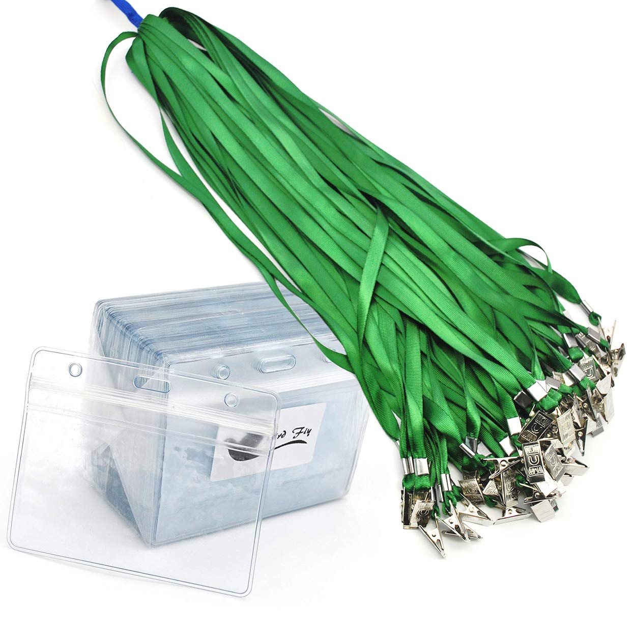 Bird Fiy Cordons avec porte-nom – Lot de 50 badges d'identification horizontaux en plastique transparent étanche et 50 cordons (vert)