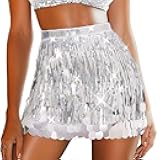 Fringe Sequin Skirt Belly Dance Sparkly Tassel Skirts for Women Silver