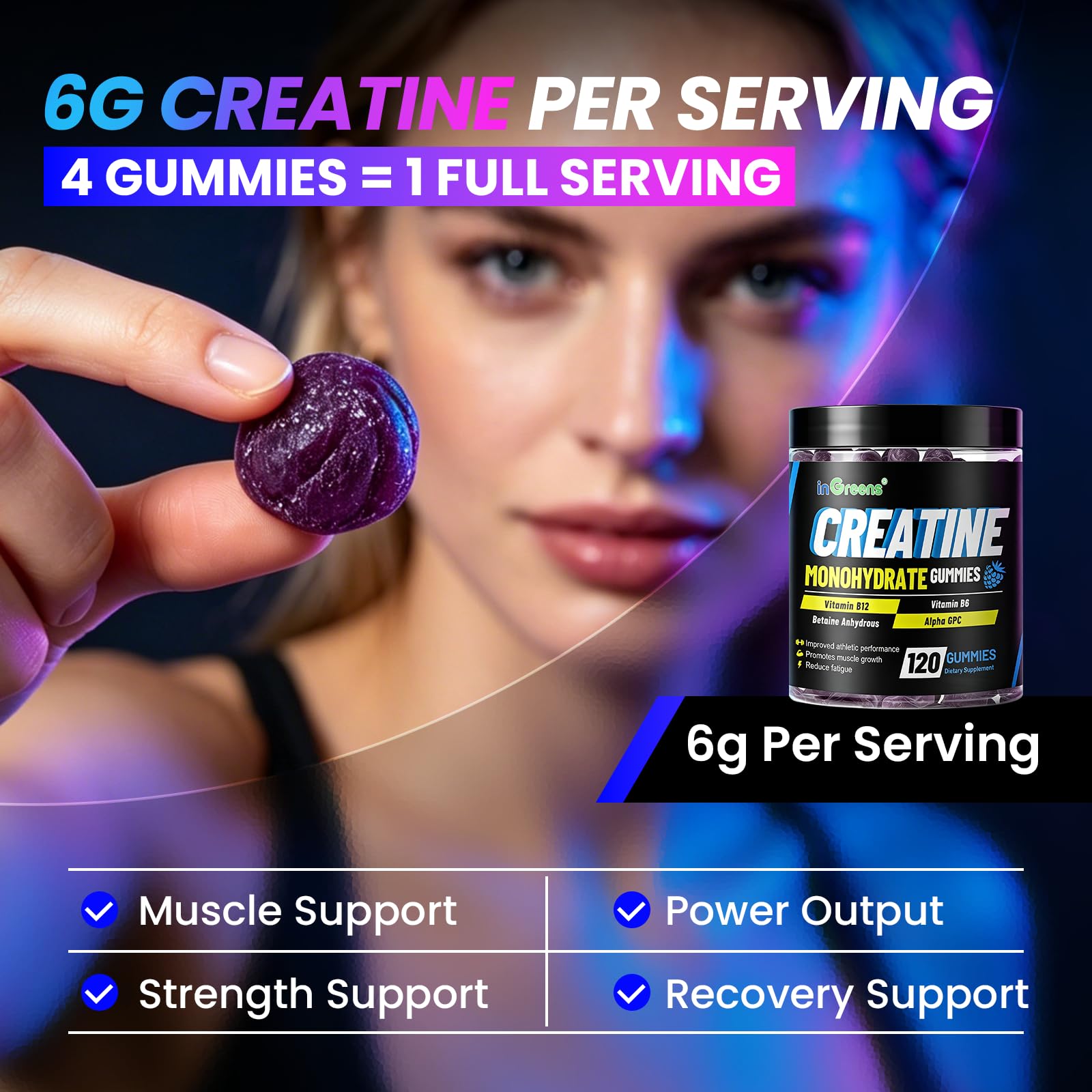 inGreens 6g Creatine Gummies – High-Strength Creatine Monohydrate Chews for Men & Women – Sugar Free Workout Supplement for Muscle Support, Strength, Energy & Recovery – 120 Count — Amazon image 9