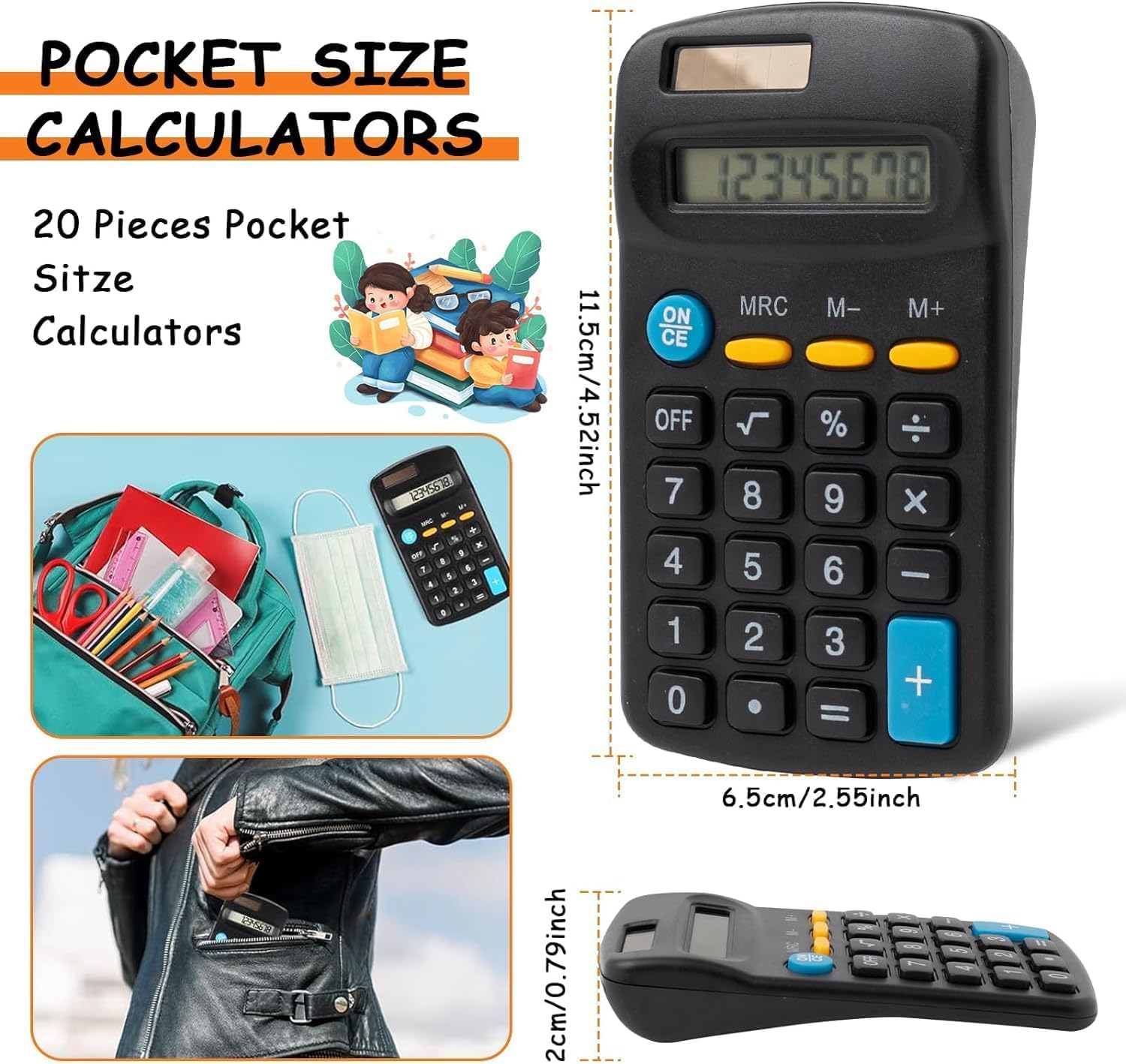 Lot de 20 Calculatrices de Poche à 4 Fonctions, Affichage 8 Chiffres, Noir pour Étudiants, École