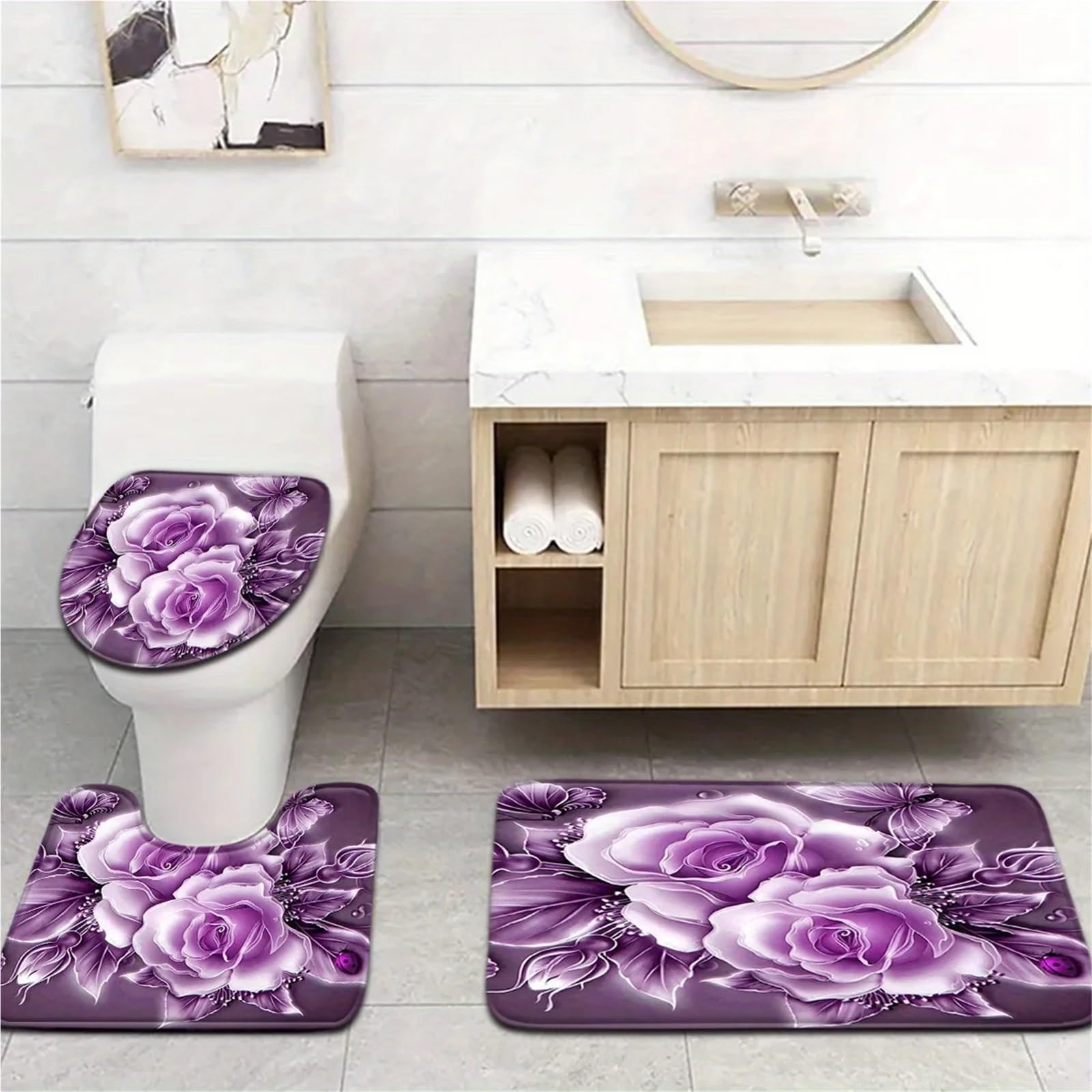 Tapis de Salle de Bain à Fleurs Violettes, Ensemble de 3 Tapis de Maison Doux et antidérapants en Forme de U