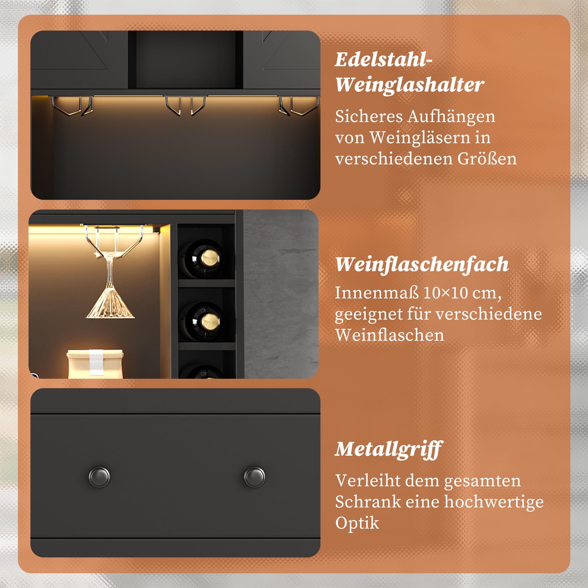 Armario de cocina con encimera, armario buffet con iluminación LED, enchufes, armario alto con soporte para copas de vino y compartimentos para botellas de vino, armario alto para comedor
