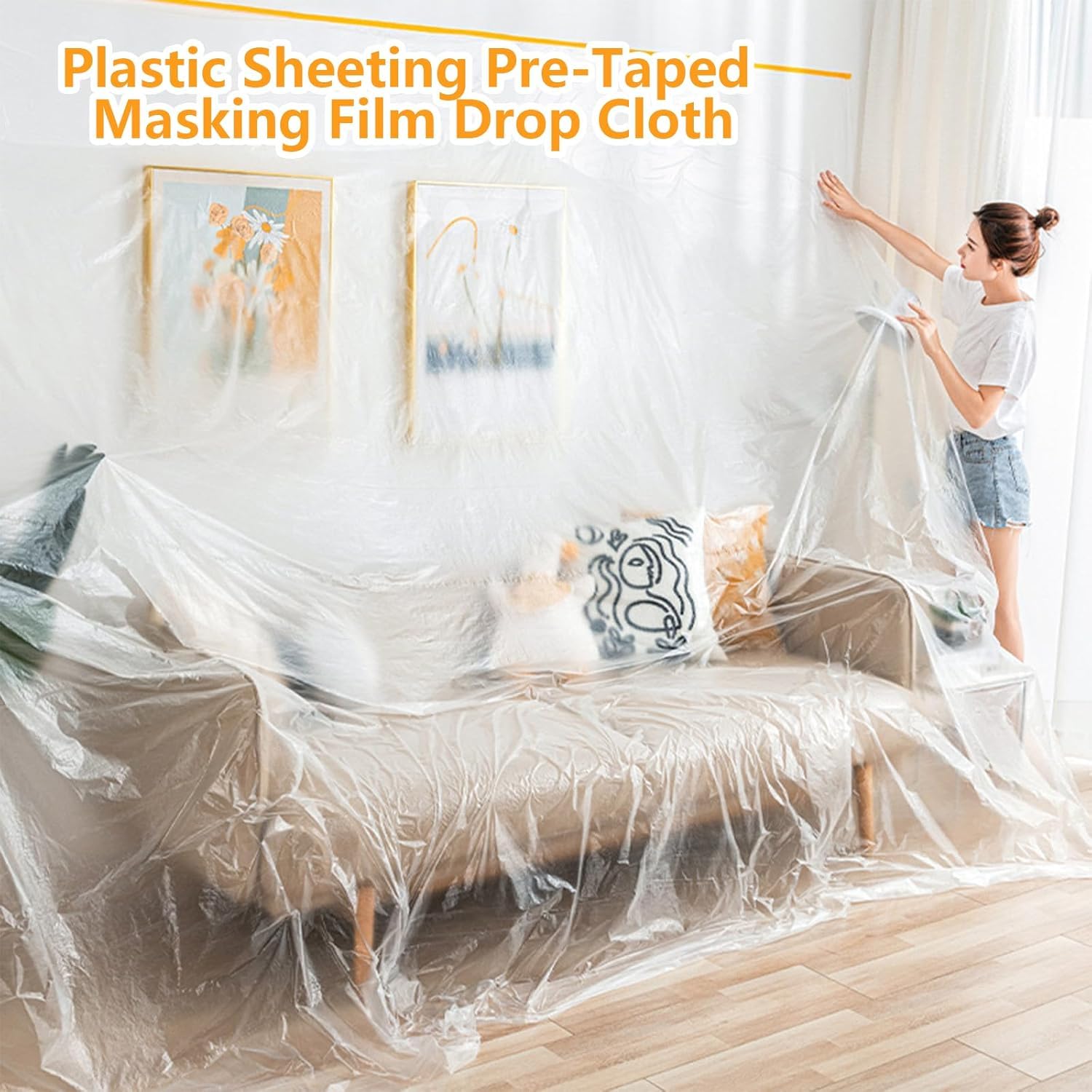 Delzon Painters Plastic with Tape, Pre-Taped Masking Paper for Painting Automotive Masking Film Paint Adhesive Protective Film 3