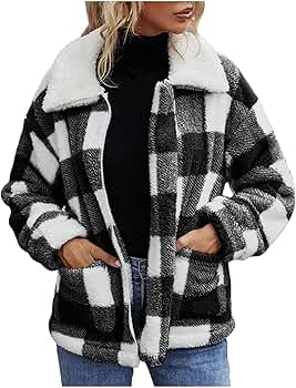 LMSXCT Women Plaid Faux Fleece Coat Long Sleeve Lapel LMSXCT Women Plaid Faux Fleece Coat Long Sleeve Lapel