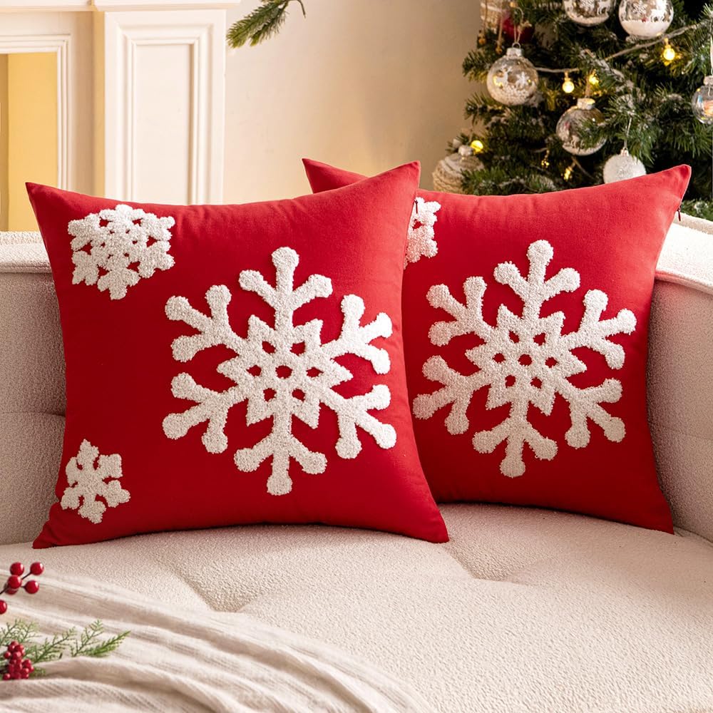 Woaboy Pack of 2 Christmas Red Throw Pillow Covers Decorative Snowflake Embroidery