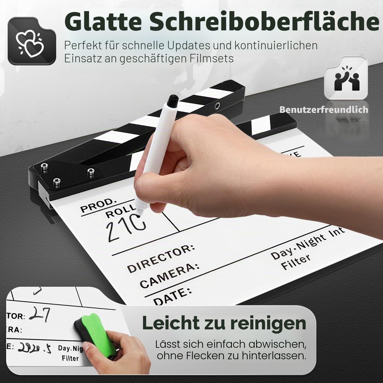 Flexzion Filmklappe für Regisseure, Acryl-Platte trocken abwischbar, Filmtafel für Studio, Kamera, Theaterrequisiten, TV, Video, Filmschnitt, Action-Szene – 25,4 x 30,5 cm mit schwarz/weißen