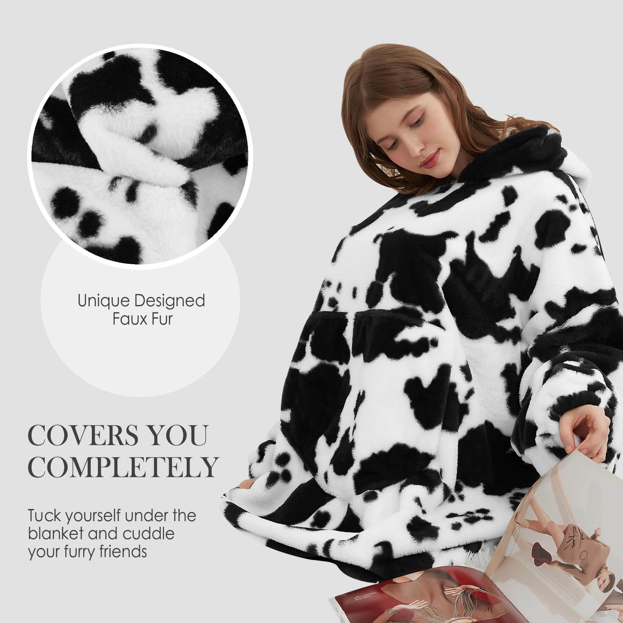 Viviland Felpa con cappuccio oversize super morbida, calda e confortevole, pullover gigante con grande tasca frontale, regalo per donne, uomini, adolescenti, stampa mucca