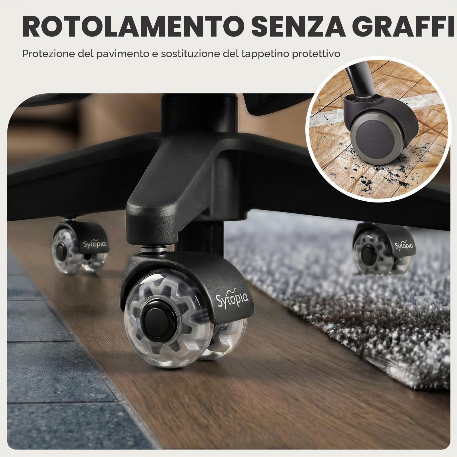 Sytopia Set di 5 ruote per sedia da ufficio, 11 x 22 mm, super silenziose e morbide, per pavimenti duri, parquet, moquette, laminato, non richiede tappetino protettivo per pavimento (non adatto per