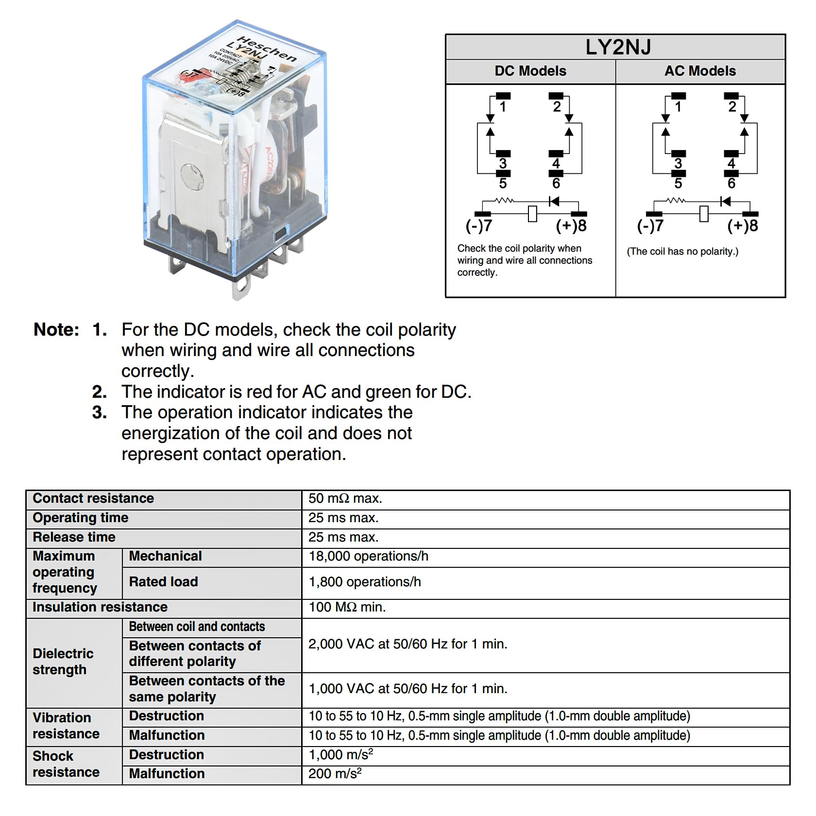 Heschen Relè per uso generico, LY2NJ, bobina 220VAC, 10A 24VDC/220VAC, DPDT, indicatore LED, con base a bussola
