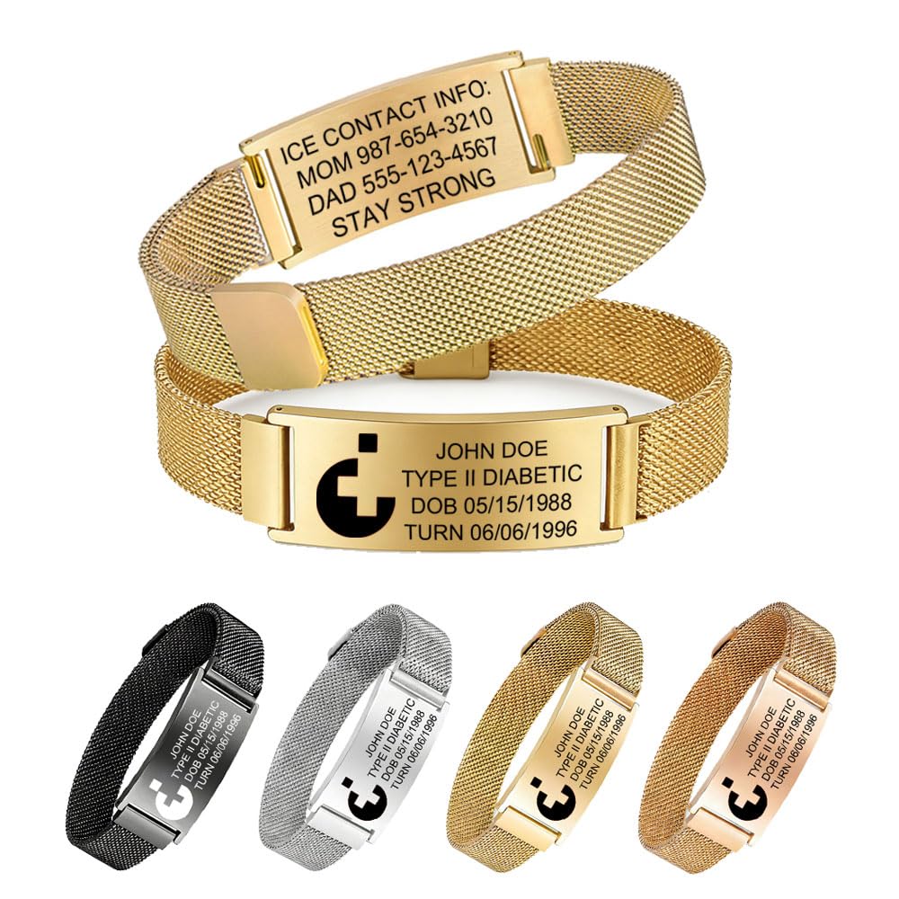 Solarix Personalisierte Medizinisches Notfall-Armband, graviert mit Name & Informationen, Edelstahl, Magnetverschluss, für Patienten, Diabetiker und Menschen mit Autismus