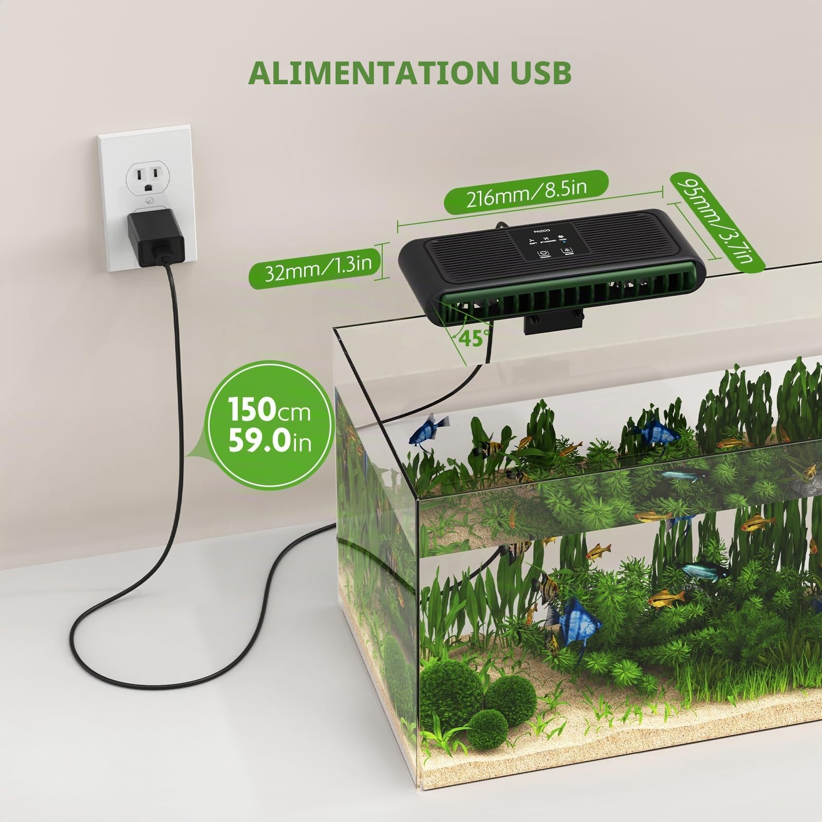 PAIZOO Ventilateur de Refroidissement pour Aquarium avec 3 Modes de Vitesse, Refroidisseur d'eau pour Axolotl Accessoires de réservoir d'eau Douce et salée, 6,4 W