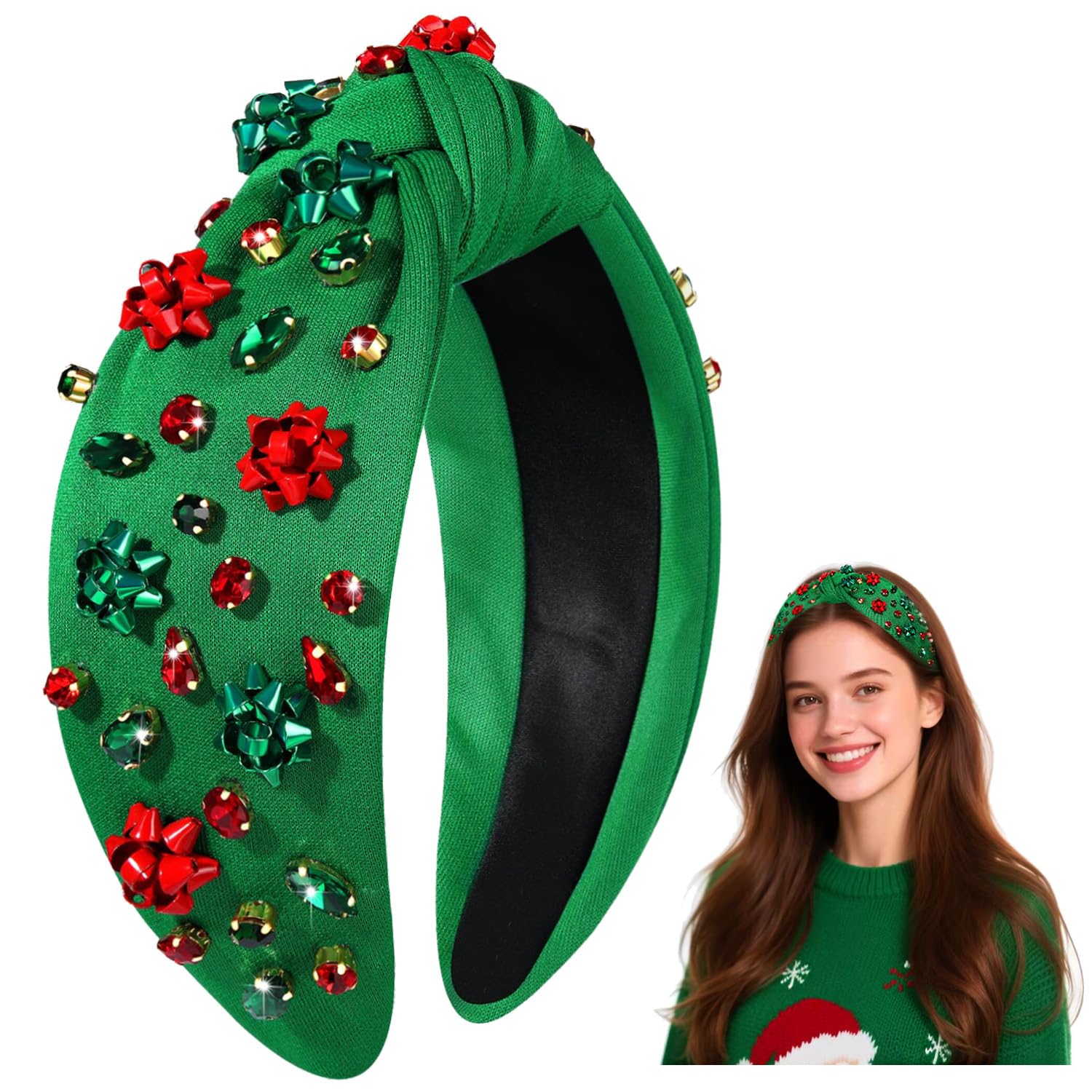 Christmas Headbands Festive Green Headband with Decorative Beads New Amazon.com: CIVFCRT Christmas Headbands Christmas Tree Hair  main image 3