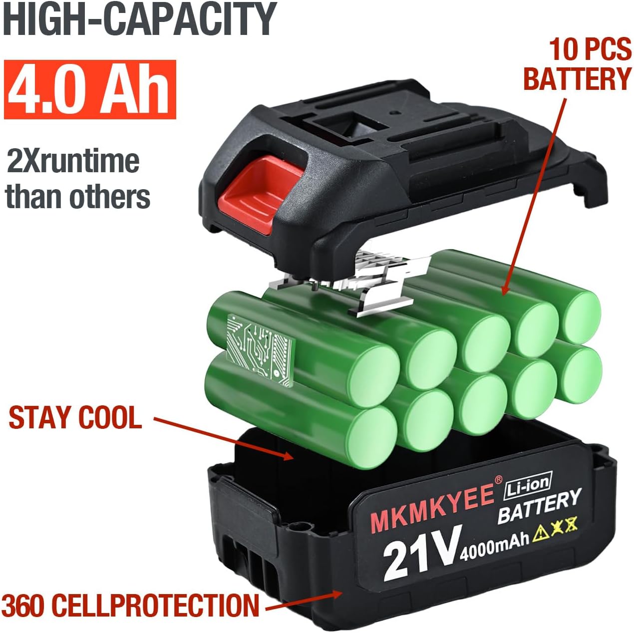 21V Lithium Battery and Charger Cord, 4.0 Ah Battery with Charger Adapter Led Indicator Compatible for Cordless Tiller Cultivator - Image 4