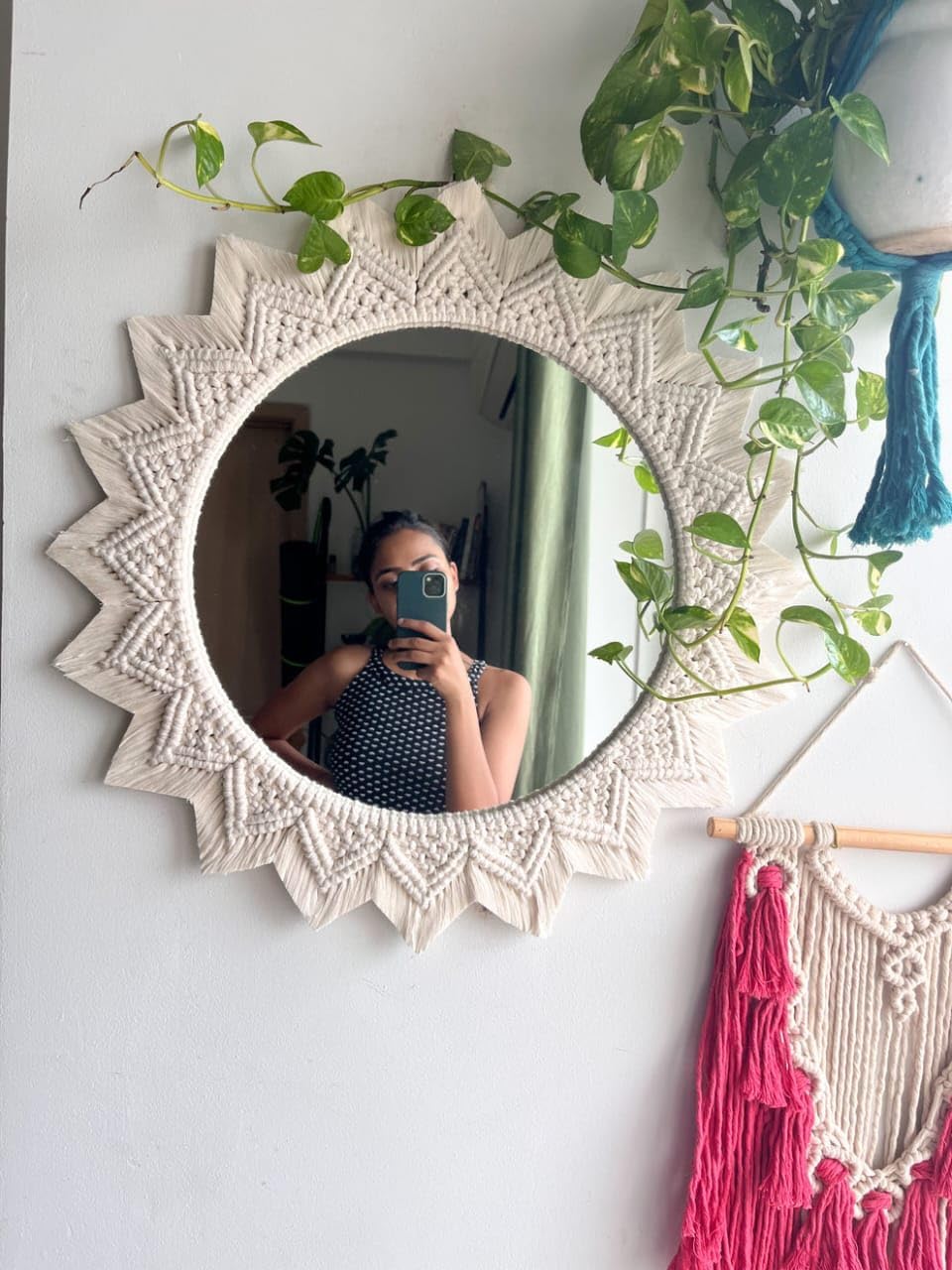 Handcrafted Macrame Wall Mirror with Decorative Tassels, Boho Round Mirror with White Woven Frame