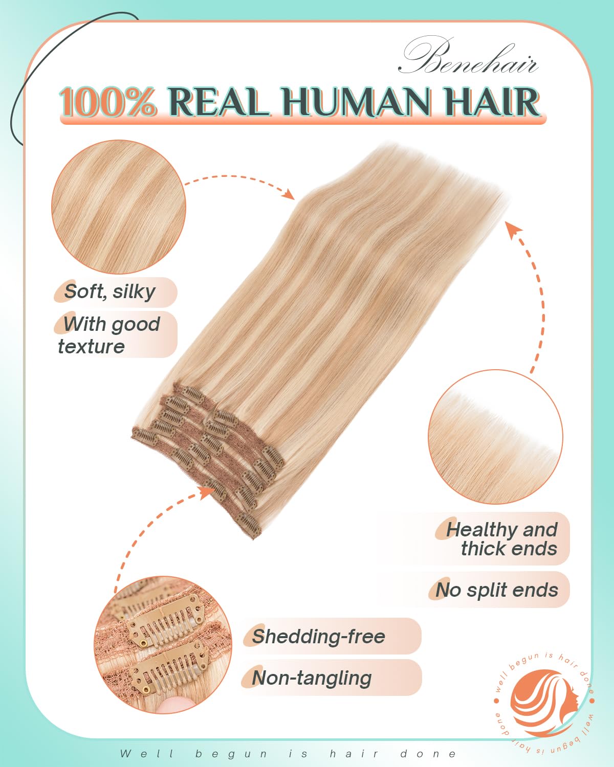 Benehair Clip in Hair Extensions Real Human Hair 12inch Double Weft Light Blonde Mixed Bleach Blonde Hair Extensions Clip in Human Hair Lace Weft Straight Hair Extension Clip ins 7pcs 90g #18P613