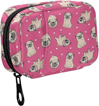 Fustylead Happy Funny Little Pugs and Hearts Pill Organizers 2 Times A Day Pill Case Bag with Zipper Portable Weekly Pill Dispensers for Vitamin Supplement