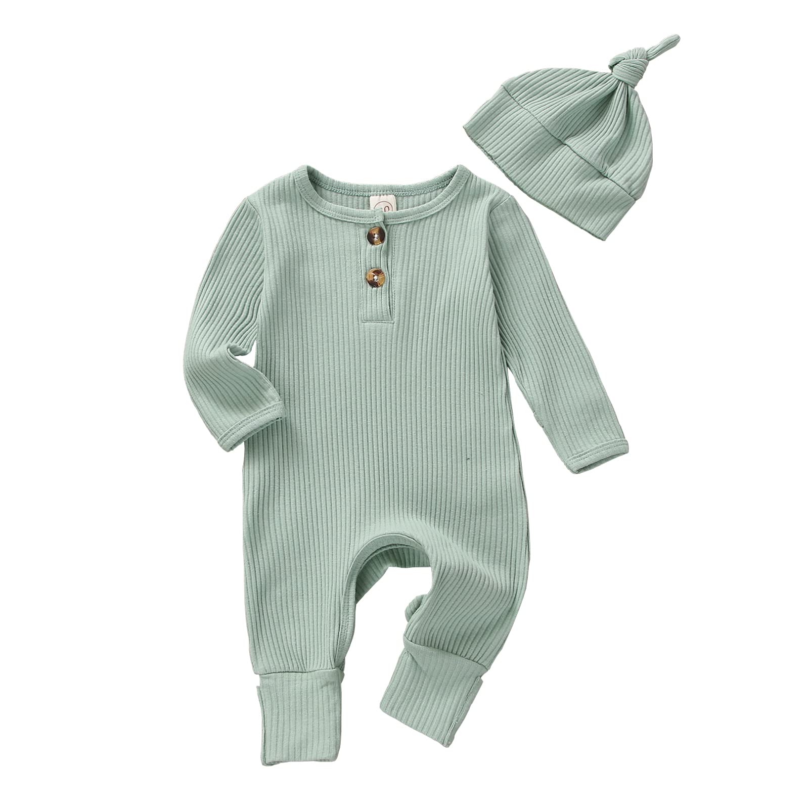 Infant Boys Girls Clothes Set Newborn Baby Romper Hat Ribbed Knit Long Sleeve Button Solid Bodysuit Jumpsuit