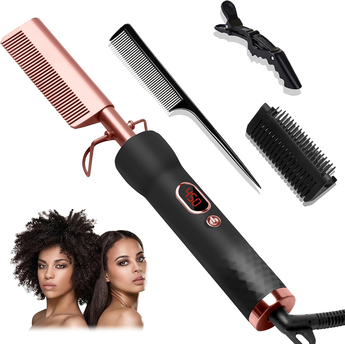 Peine caliente para pelucas de cabello humano, rizador con 12 ajustes de temperatura que calienta hasta 450 °F, peines de presión de 110-240 V, peine alisador para rizo/recto