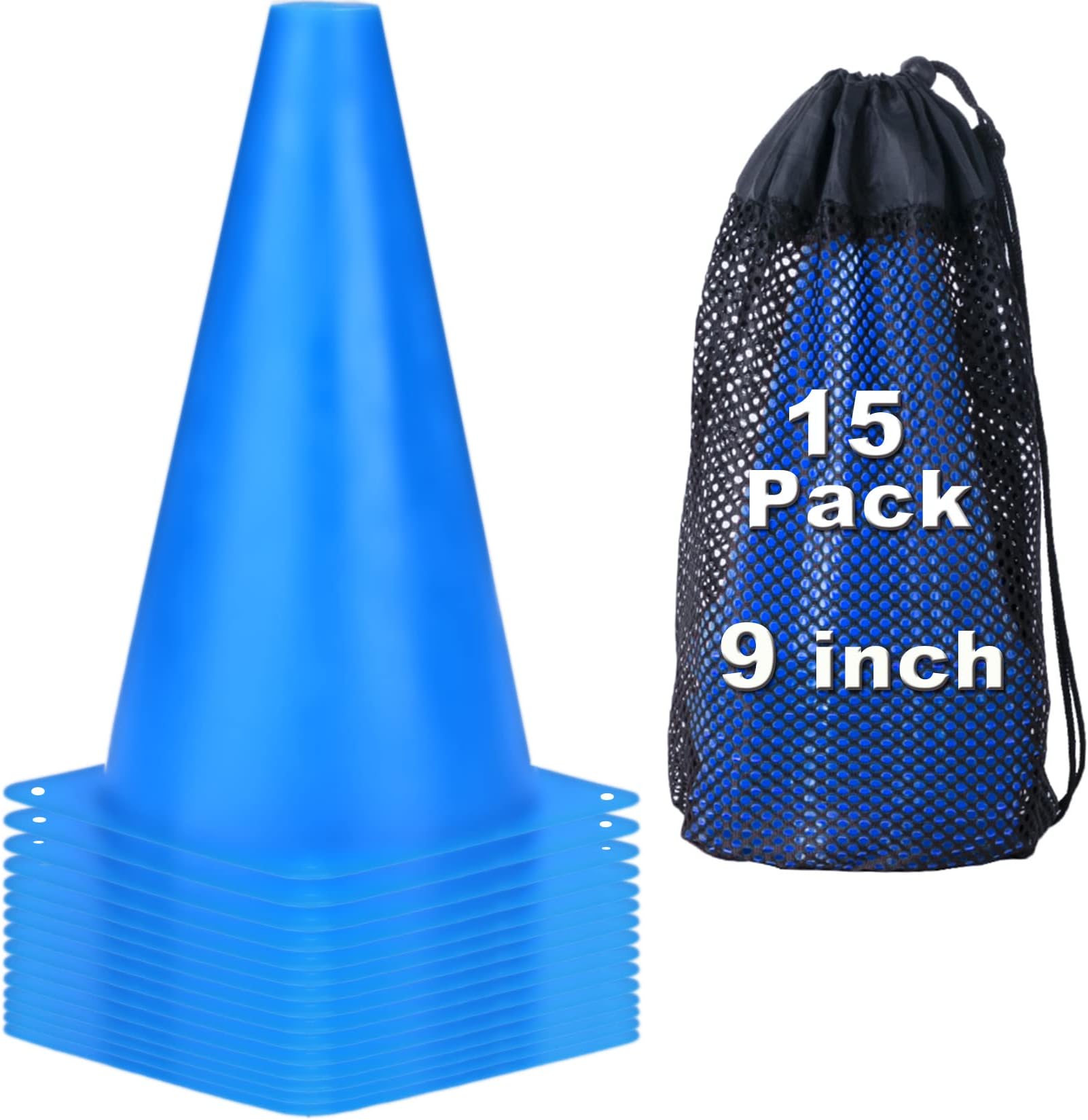 cyrico 9 Inch Sports Cones, Soccer Training Traffic Cones Agility Field Parking Safety Plastic Cones for Football Basketball Drills Indoor Outdoor Games Activity or Events - Set of 15 blue