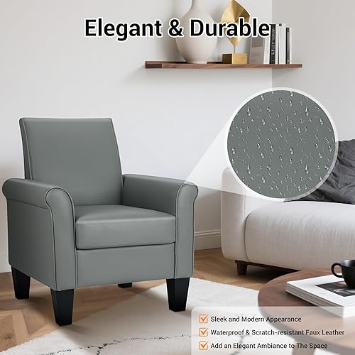 Miniatura 7 de Lohoms Silla decorativa moderna de mediados de siglo, sillas de cuero rellenas para sala de estar, silla de club cómoda tapizada, sillón de piel