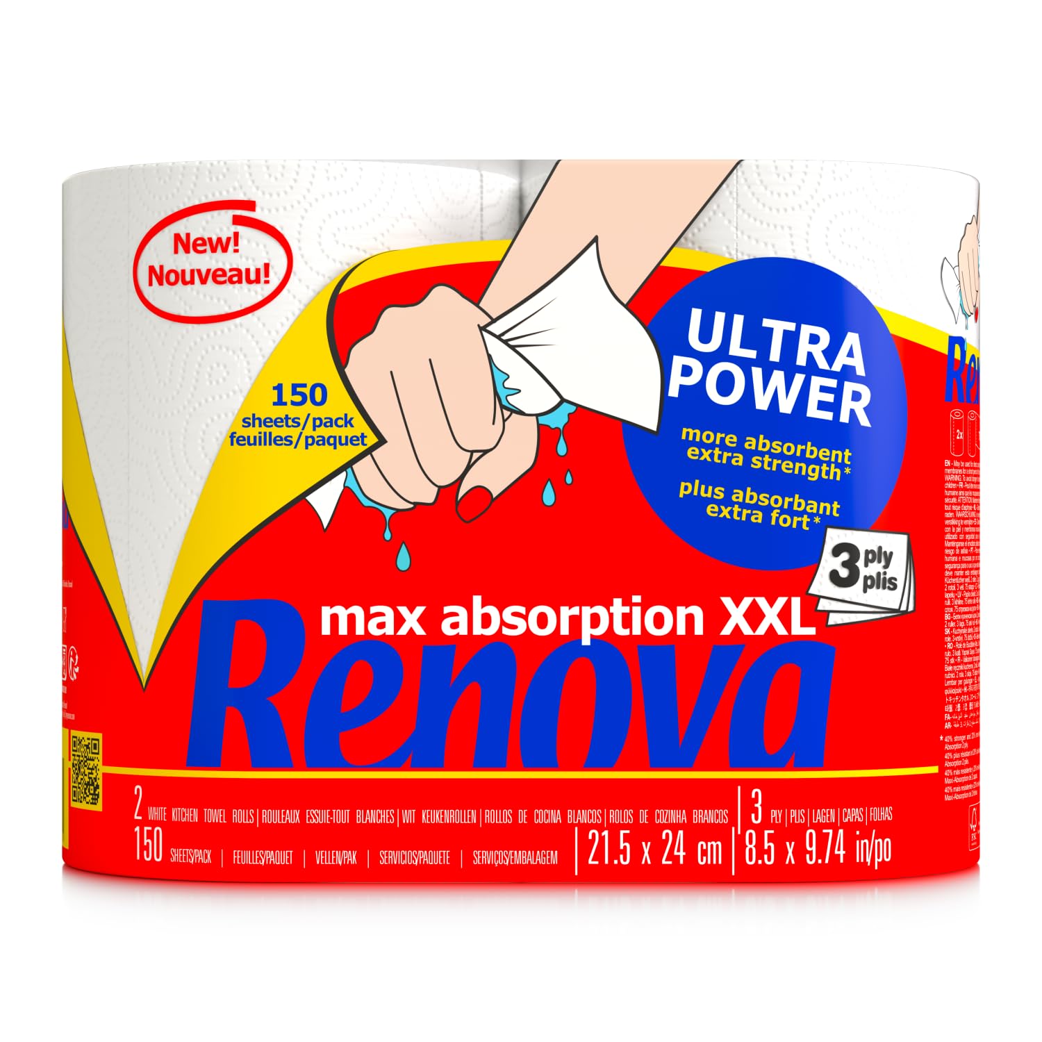 Renova Rollos de Cocina Renova UltraPower, 24 rollos XXL equivalentes a 60 rollos estándar, 3 capas absorbentes y con óptima resistencia, Papel Certificado FSC