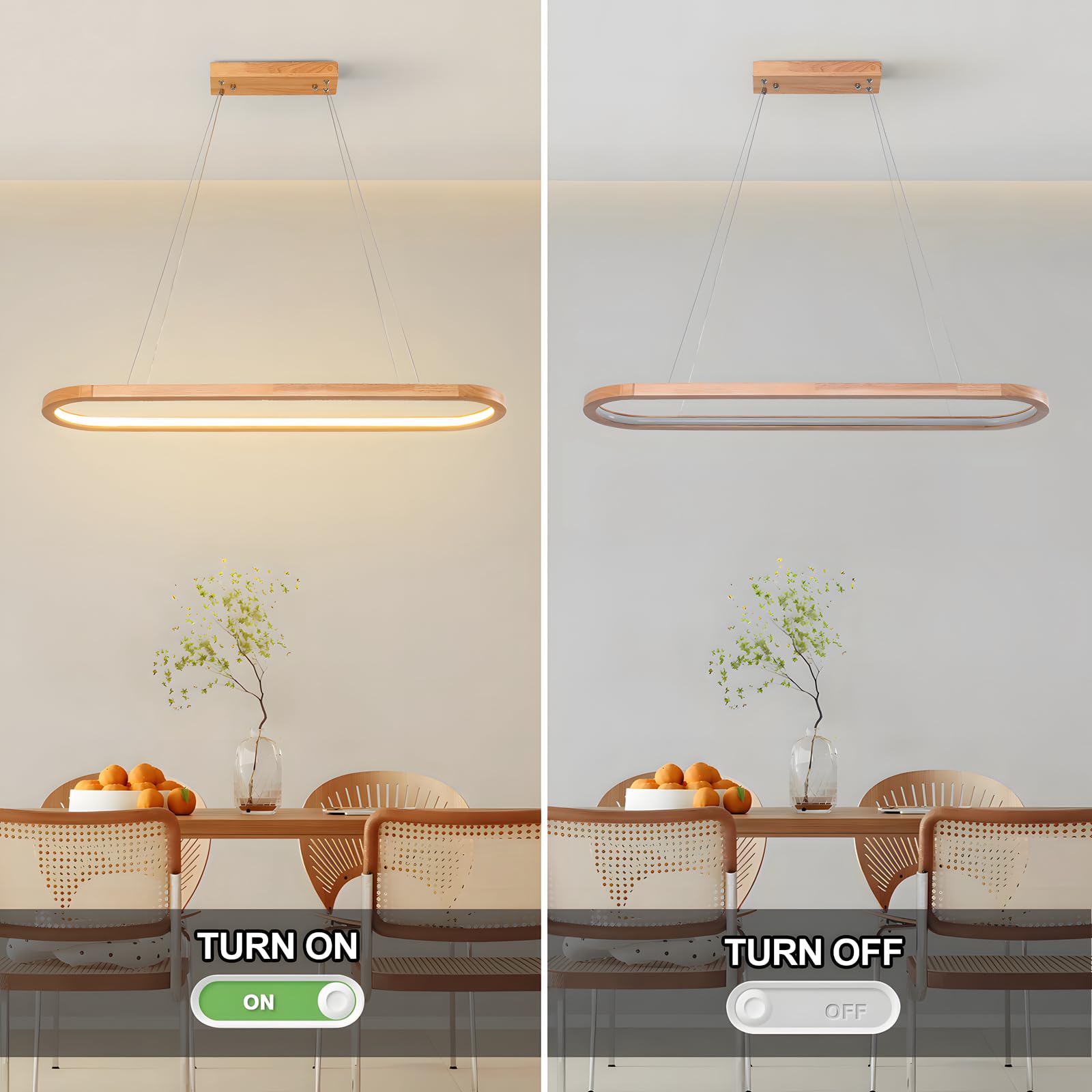 Wood LED Kronleuchter Deckenleuchte, Dimmbare Ovale Ring Holzbeleuchtung, 3000-6000K, Einstellbare Kreis Anhängerlampe, Kücheninsel Esszimmer Wohnzimmer Foyer Hängen【70cm】