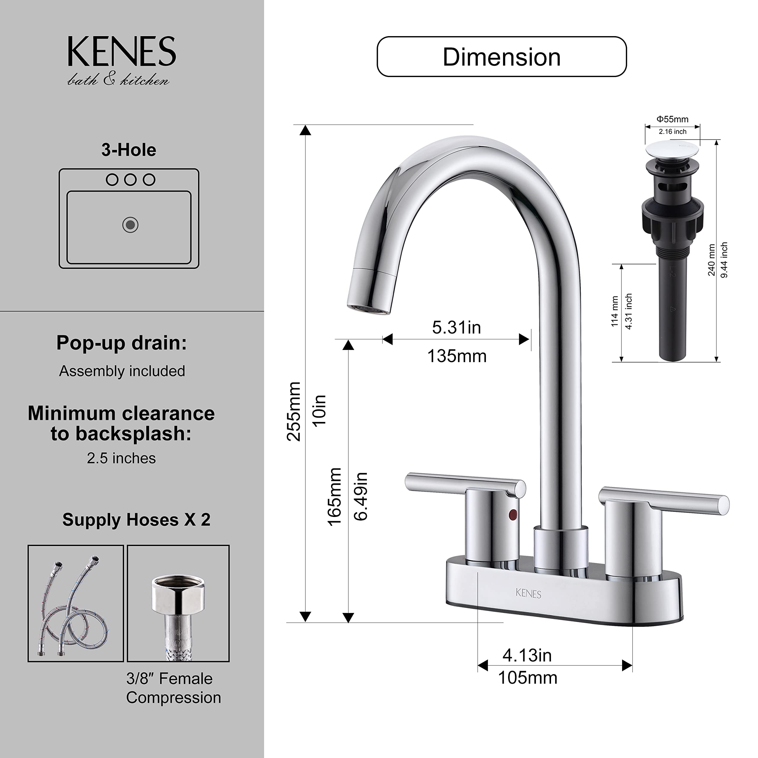 KENES 4 Inch 2 Handle Centerset Bathroom Faucet, Chrome Modern Commercial Bathroom Sink Faucet 3 Hole, Lavatory Vanity Faucet with Pop Up Drain and Water Supply Lines, KE-9019-5