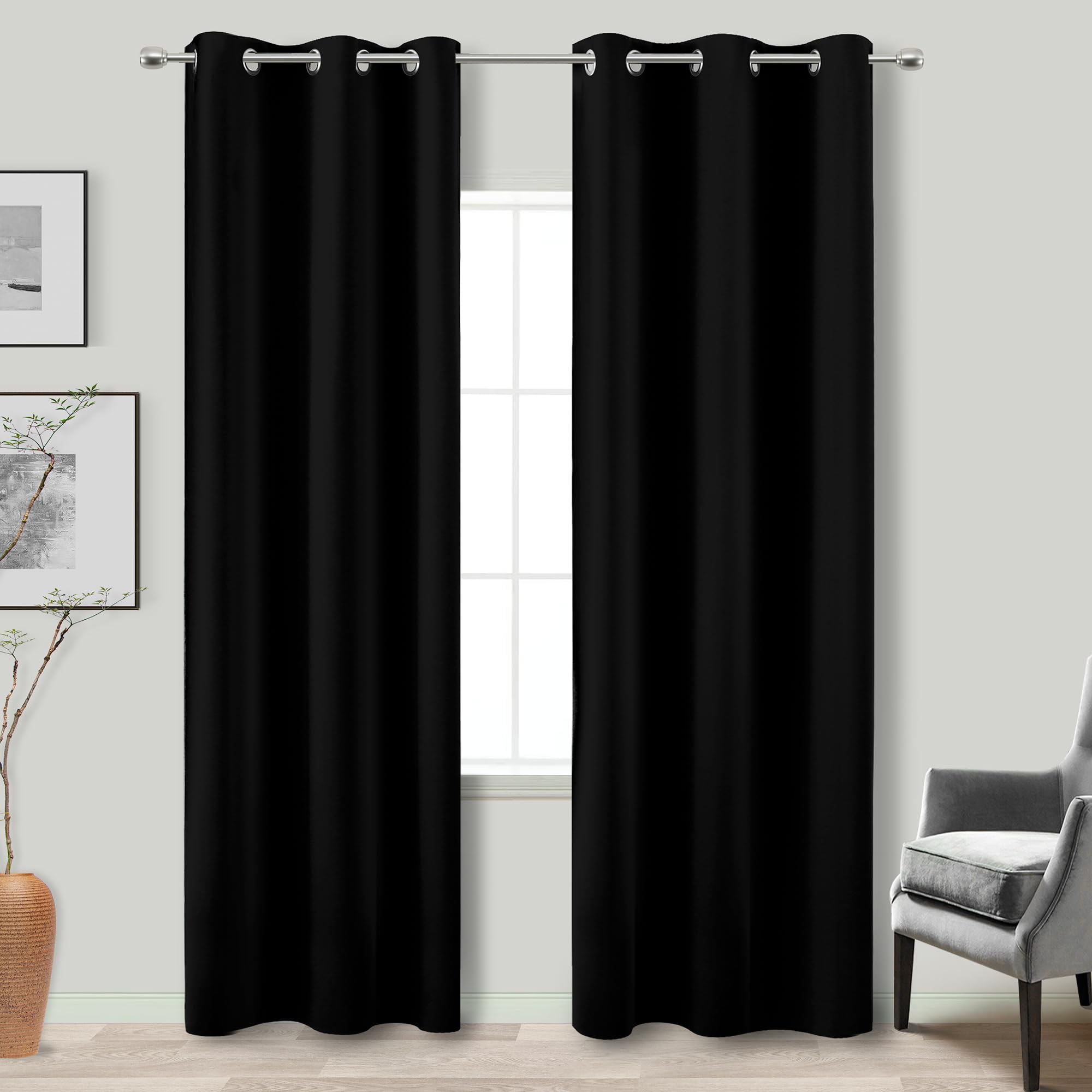 KOUFALL Black Grommet Insulated Thermal Room Darkening Blackout Curtains for Living Room 38 by 84 Inches Long — image 1