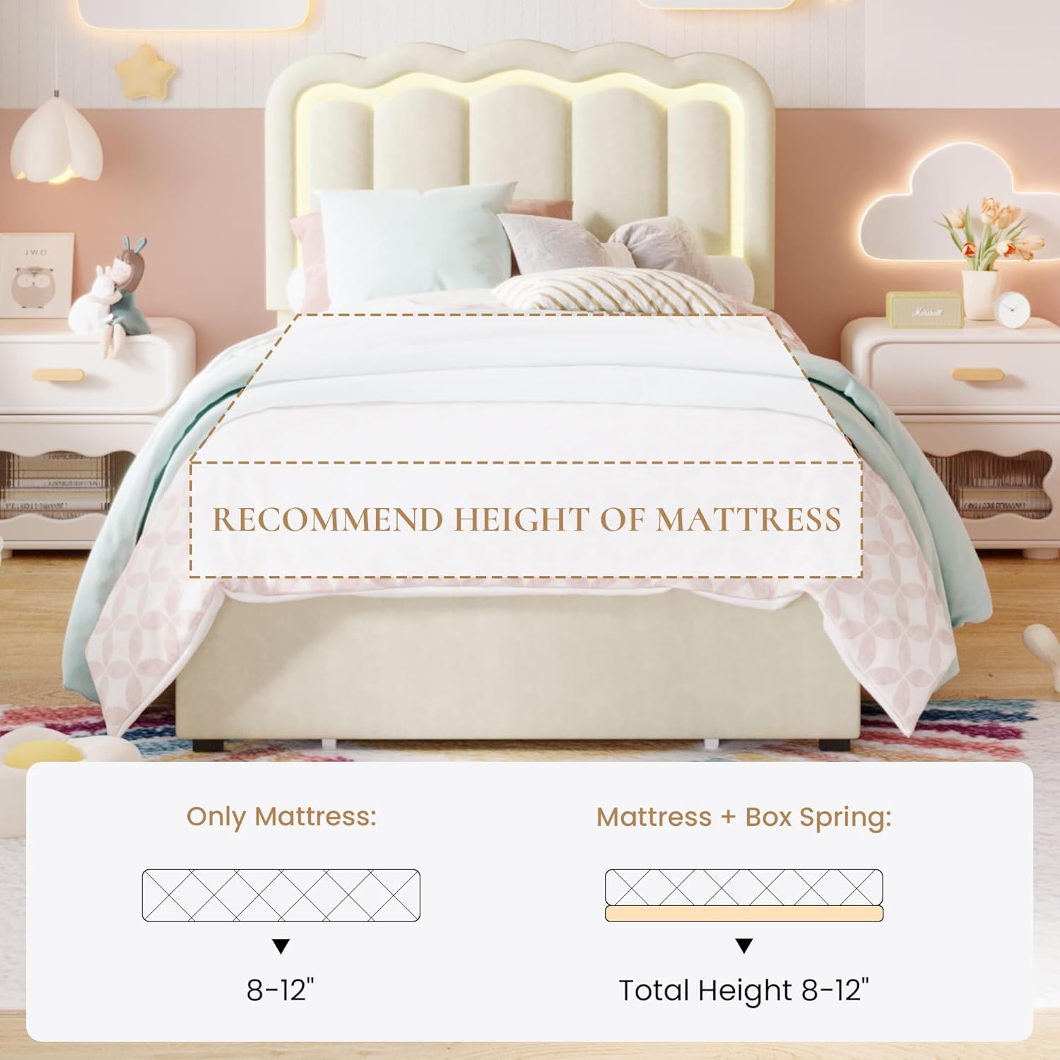 SHA CERLIN Upholstered Twin Size Bed Frame with LED Lights and Large Storage Drawer, Velvet Platform Bed with Adjustable Wavy Headboard, Noise Free, Easy Assembly, No Box Spring Needed, Soft Cream