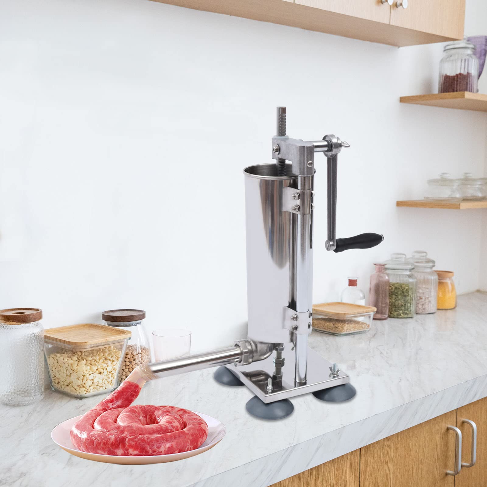 FXEIPOL Manual Sausage Stuffer 3L/6Lbs Vertical Hand-crank Sausage Stuffing Maker Machine with 4 Stainless Steel Tubes & 7 PE Tubes for Restaurants, Snack Bars, Canteens