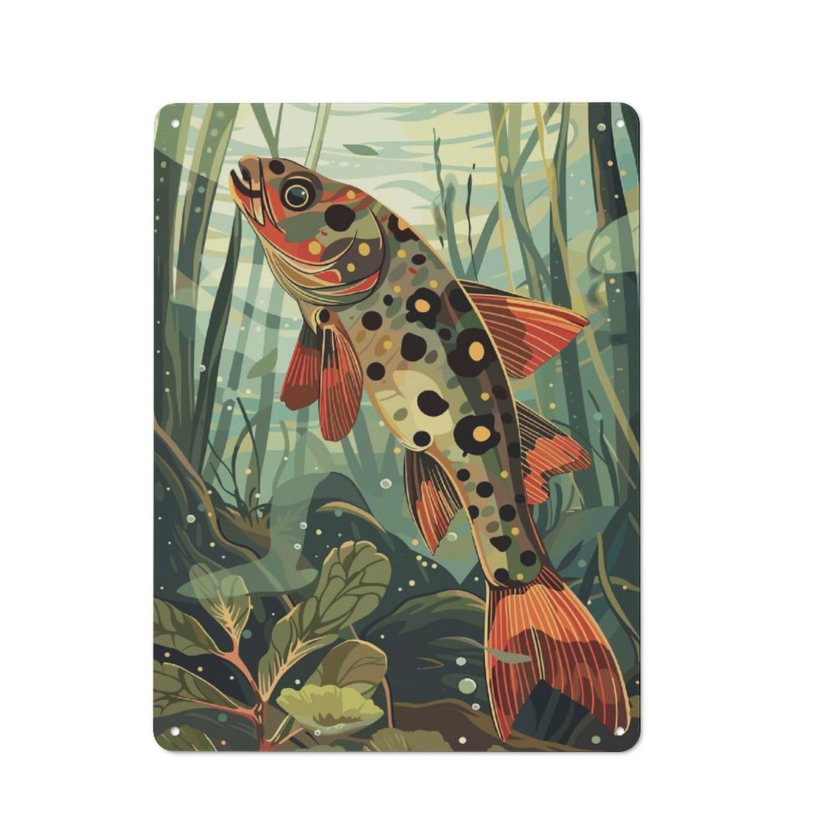 Tin Wall Sign with Spotted Fish Underwater Design 40x30cm, Cosy Cafe Wall Decor for Kitchen, Cafe, Pantry Or Dining Room