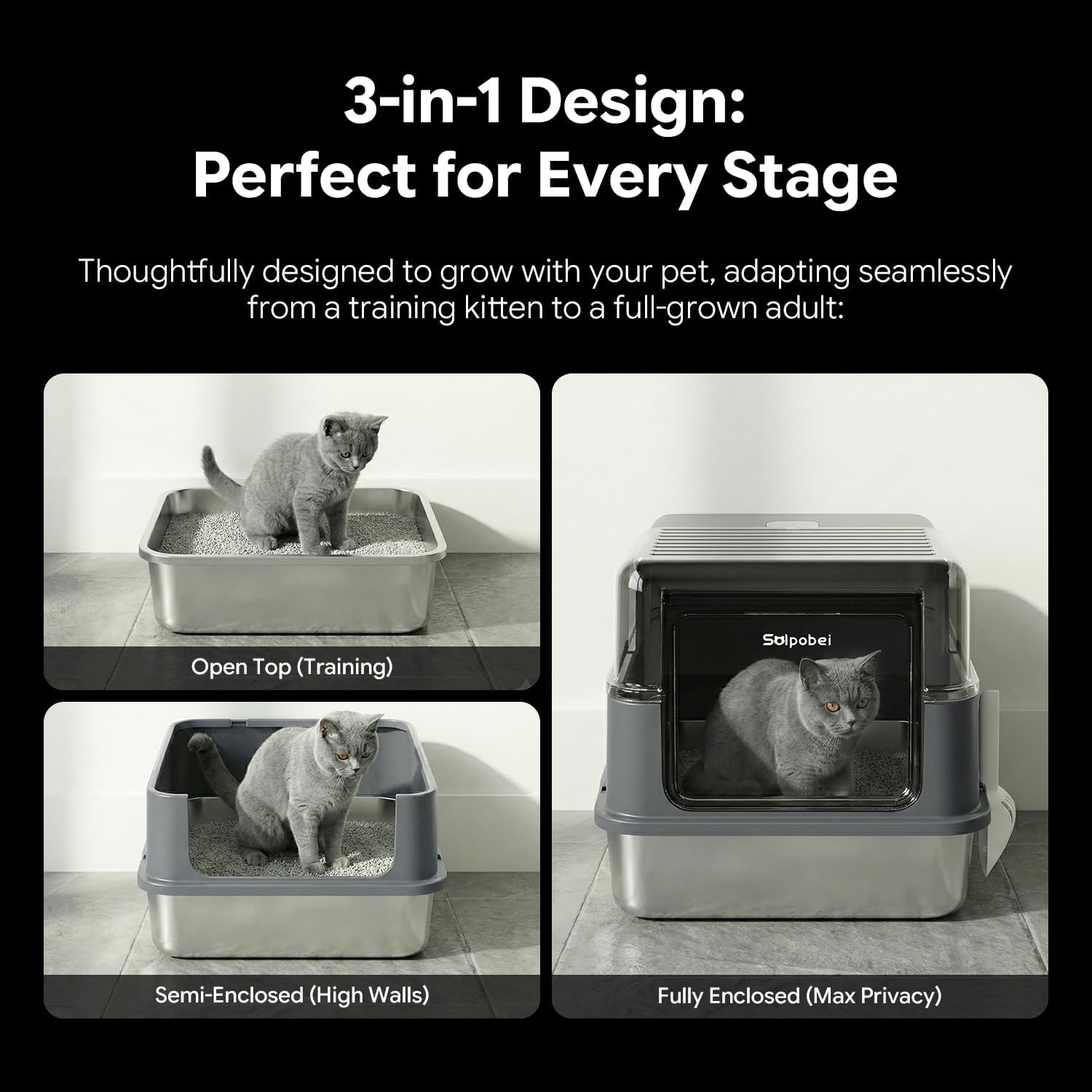 Stainless Steel Cat Litter Box with Lid – Enclosed & Covered High-Sided Kitty Litter Box, Large or Small, Metal Litter Pan for Cats and Kittens, Odor Control, Easy Cleaning