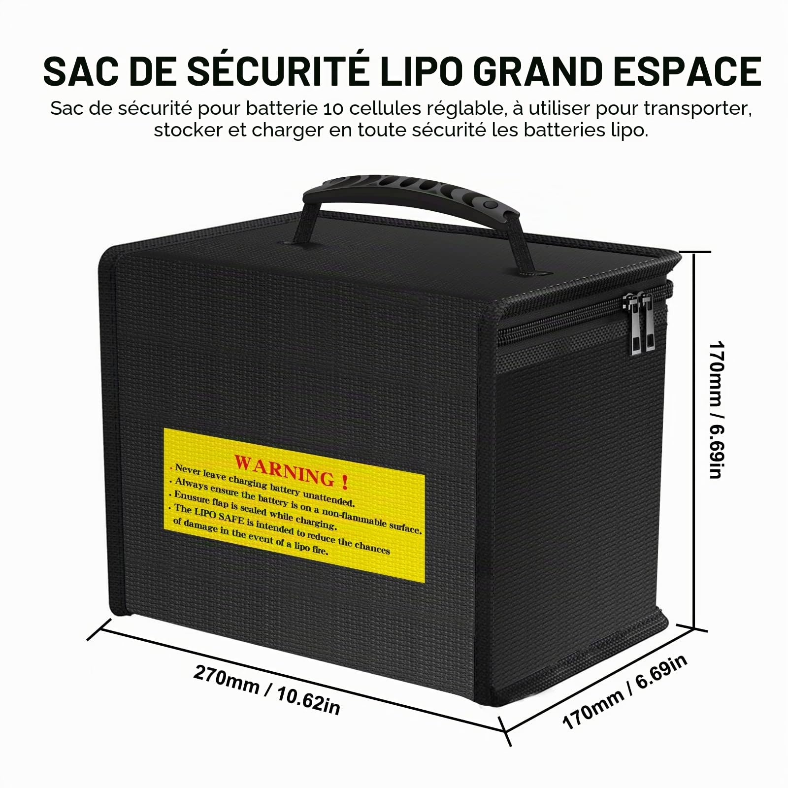 YOWOO Lipo Safe Bag Sac de sécurité Lipo Sac Ignifuge et antidéflagrant Batterie Lipo de Grande Capacité Boîte de pour Le Stockage et la Charge de la Batterie Lipo (10,63 x 6,69 x 6,69 Pouces)