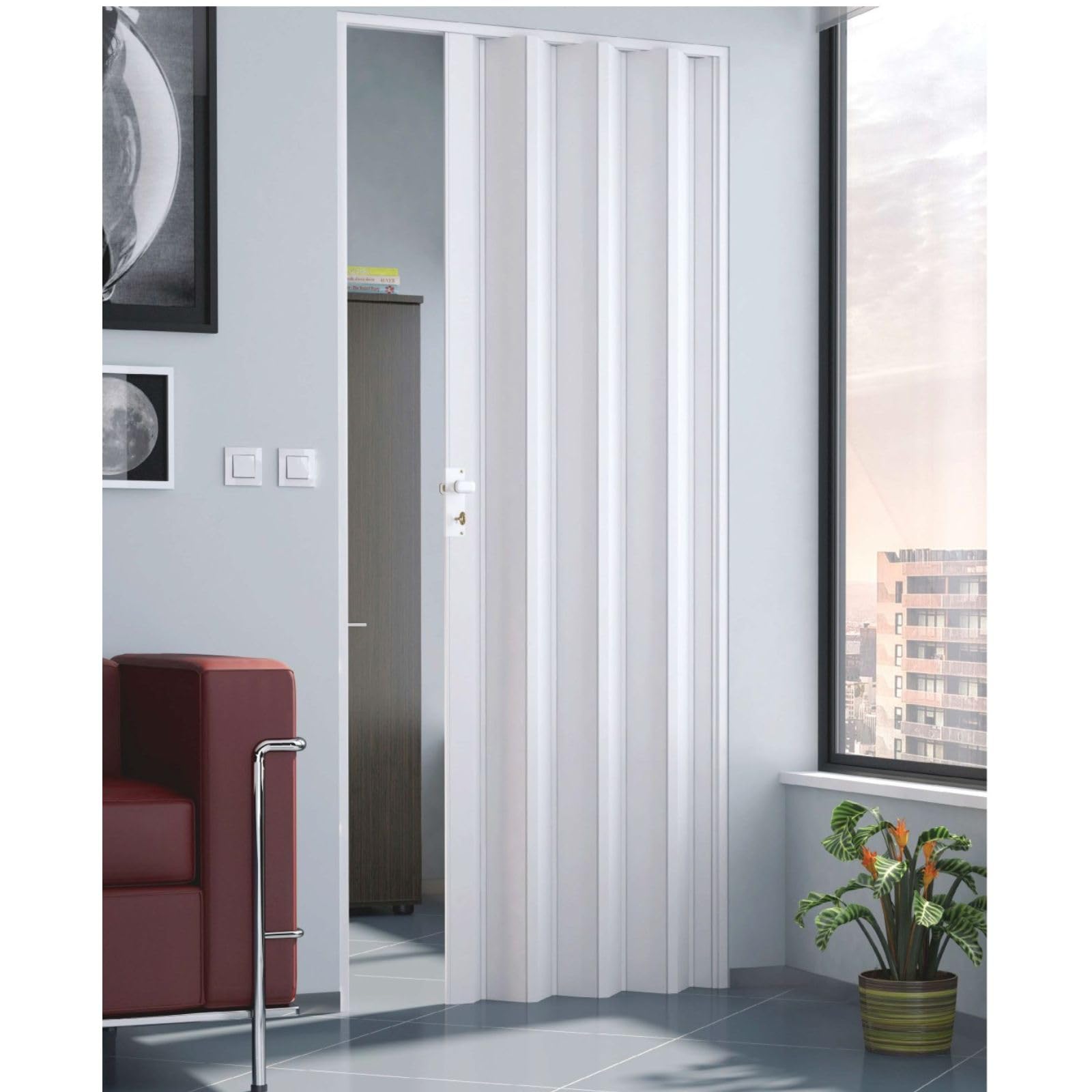 Porta a Soffietto in Pvc 82xH210 cm, Porta Pieghevole a Libro, a Fisarmonica, Divisorio Richiudibile a Moduli, Apertura Snodabile con Serratura