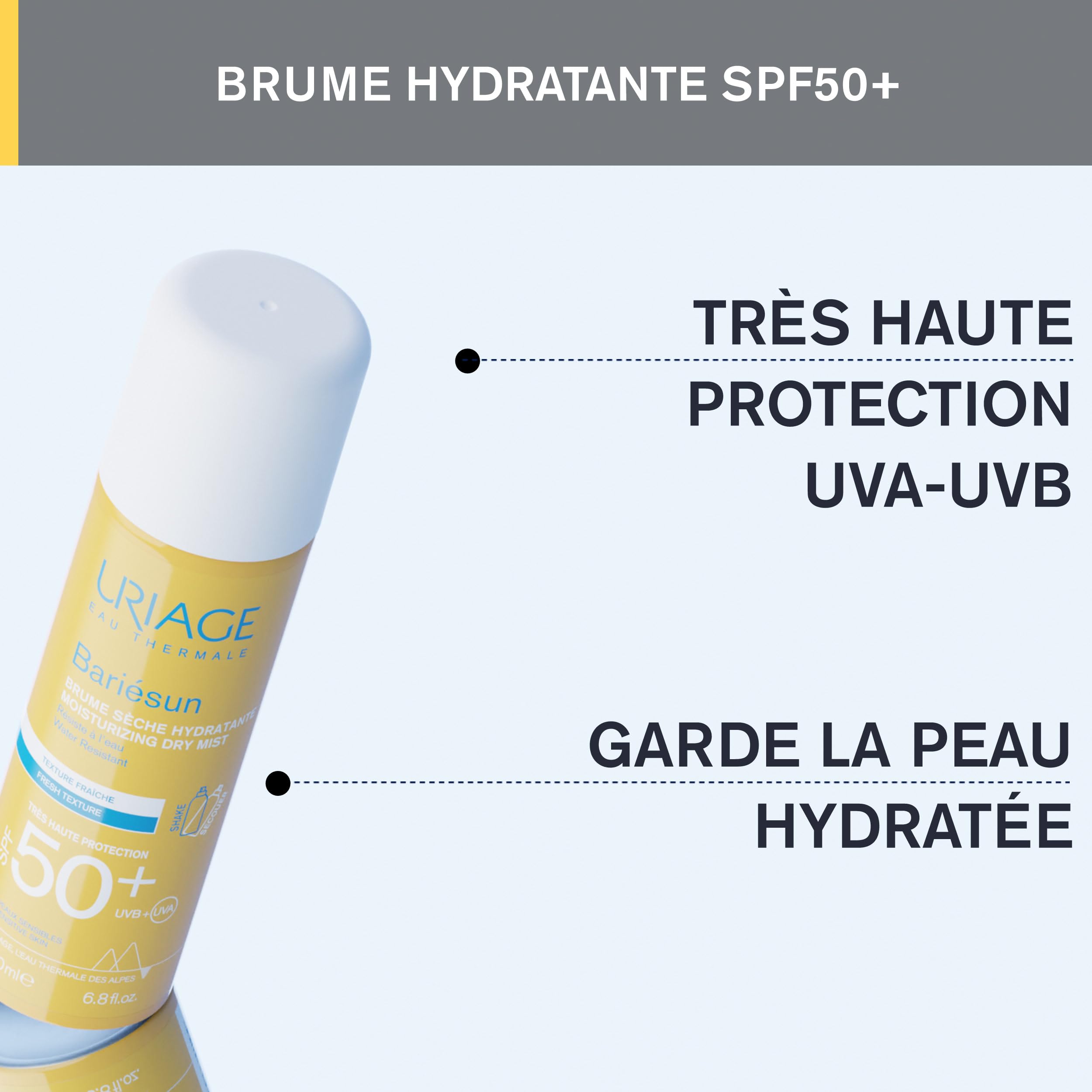 Uriage Bariesun Brume Solaire Sèche Hydratante SPF50+ - Haute Protection UVA/UVB & Lumière Bleue - Spray Corps Facile à Appliquer - Résistant à l'Eau - Effet Léger, Frais - Peaux Sensibles - 200ml