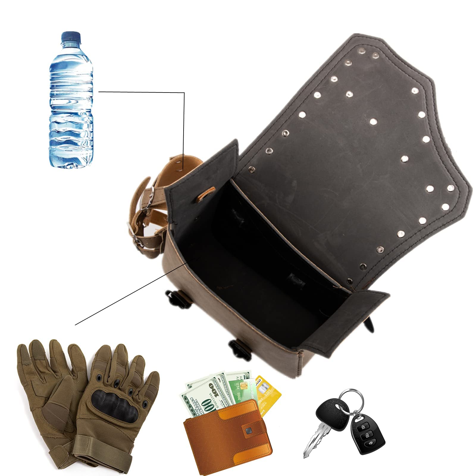 Motorrad-Satteltaschen - Braunes PU-Leder Schwingentasche Seitentaschen Dreieckige Gepäck-Werkzeugaufbewahrungstasche mit großem Fassungsvermögen und Wasserflaschen-Getränkehalter - Rechte Seite