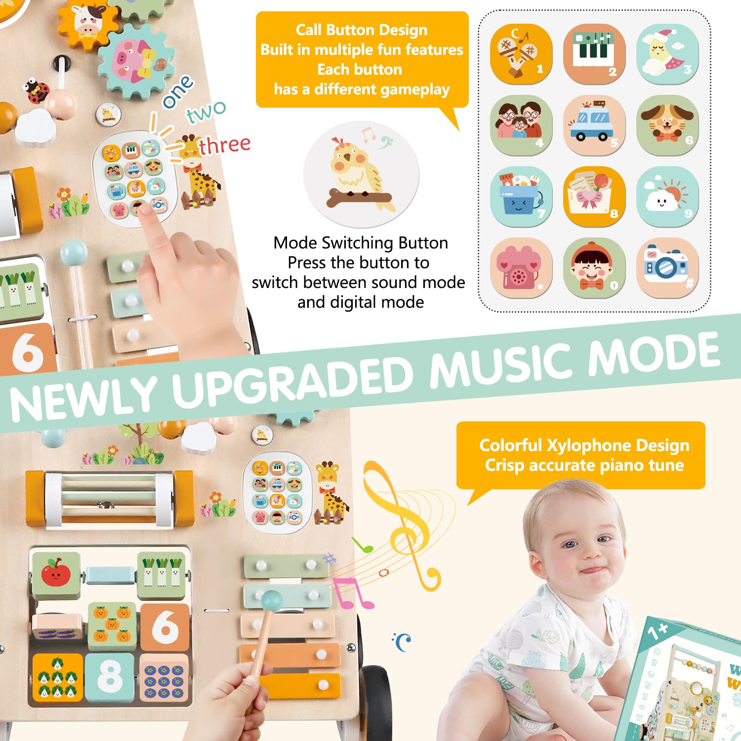 Carrello Primi Passi in Legno per Bambini – Girello Montessori con Centro Attività – Altezza e Velocità Regolabili – Giocattolo Educativo per Bimbi 12+ Mesi, Bambine e Bambini di 1 Anno (Naturale) - 5