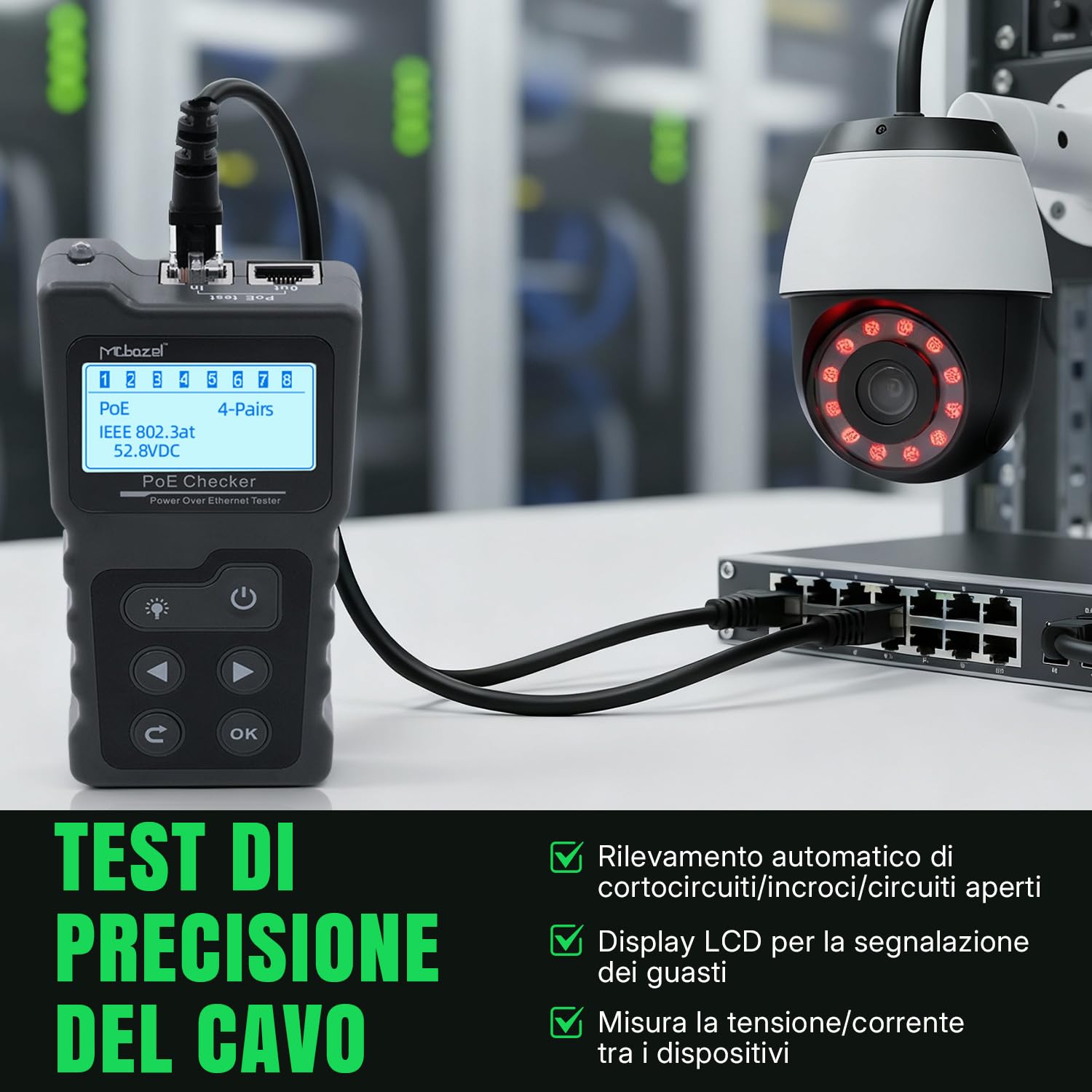 Tester di Rete RJ45,Tester Cavi LAN con LCD & Funzione POE Test per Verificare lo Stato di Cortocircuito, Incrocio e Circuito Aperto dei Cavi di Rete