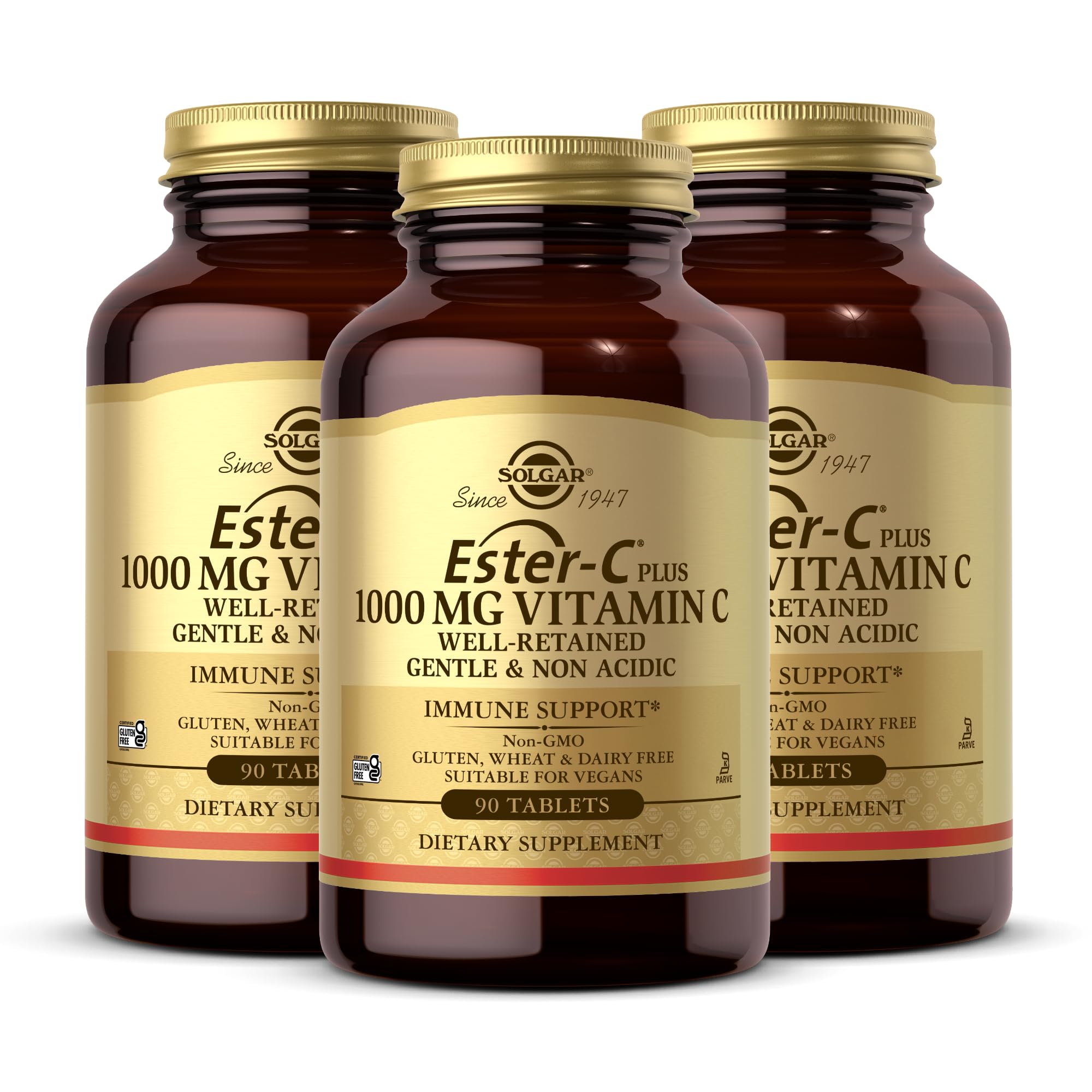 Solgar Ester-C Plus 1000 mg Vitamin C (Ascorbate Complex) - 90 Tablets, Pack of 3 - Gentle & Non Acidic - Supports Upper Respiratory Health - Non-GMO, Gluten Free - 270 Total Servings