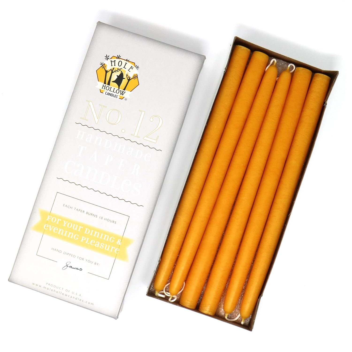 12" Dripless Taper Candles, Yellow Gold Mole Hollow
