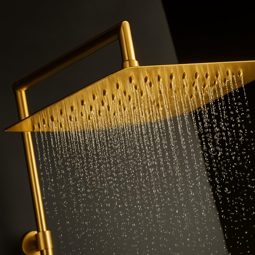 Sistema de Ducha y Baño Nite con Monomando Alpha SUB - Rociador Atlas 25x25 cm - Caño Plegable para Bañera - Altura Ajustable y Mango de 3 Funciones (Oro Cepillado)