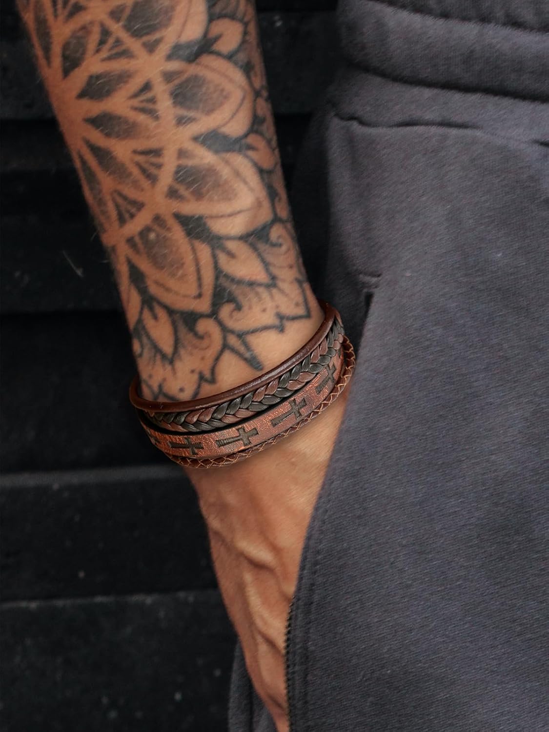 Mens Leather Cross Bracelet Multilayer Braided Wristband Bangle Bracelets with Stainless Steel Buckle Religious Gift for Men Brown/Black/Blue–8.3 inch - Image 3