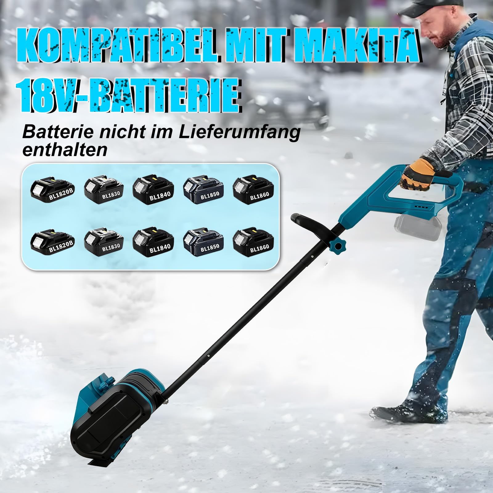 Akku Schneefräse für Makita Akku 18V, Bürstenlos elektrische Schneefräse,1000W kabellos Schneebürste bis 30cm Räumhöhe, 8m Wurfweite,30cm Arbeitsbreite, 70° Einstellbar(Ohne Akku)