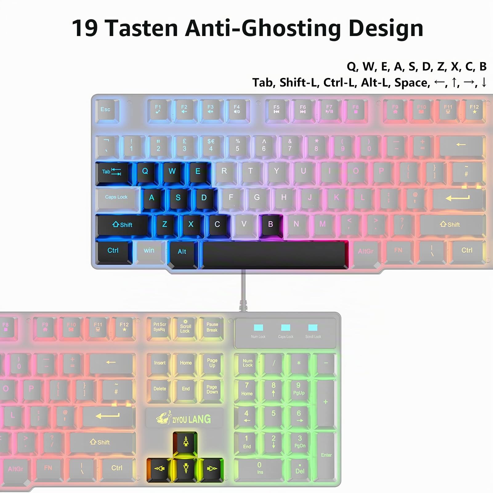 Gaming Tastatur Headset & Maus Set, 104 Tasten Rainbow Backlit UK Layout Tastatur 2400DPI Maus 7.1 Surround Sound RGB Leichte Waben Headset Mauspad Kombination für PS4 XBox(Need Adapter) Schwarz